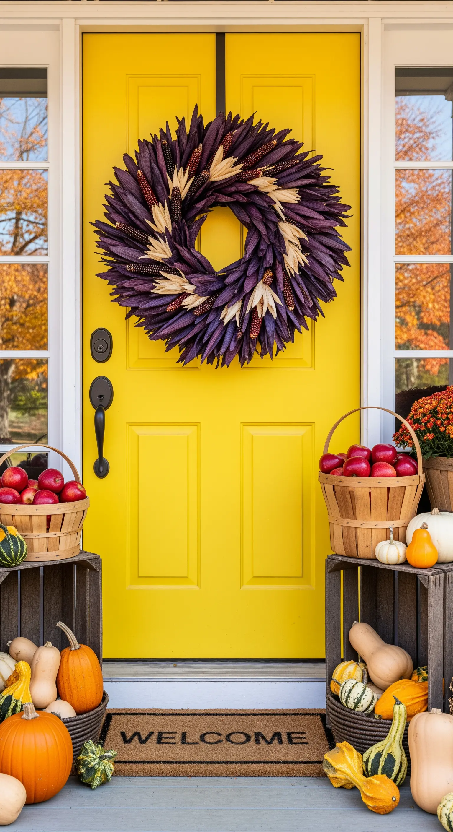 Gelbe Haustür mit Maiskolbenkranz in Lila und Beige, umgeben von Kürbissen