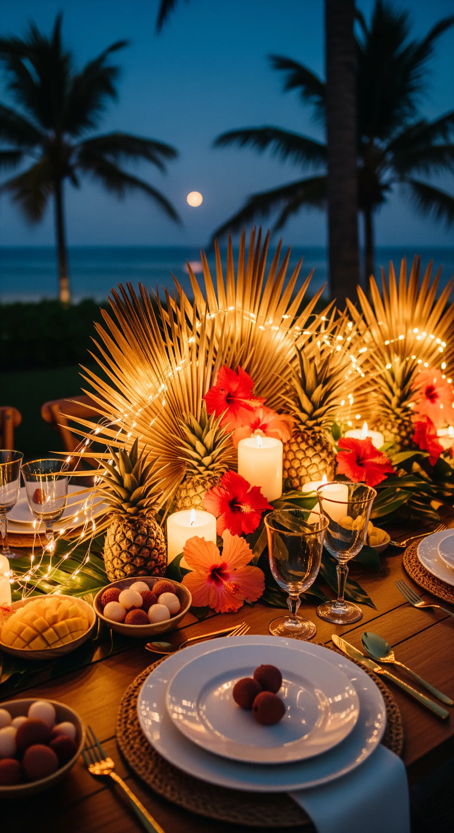 Tropische Tischdeko mit Ananas, Palmblättern, Hibiskusblüten, Lichterketten und Kerzen am Strand.