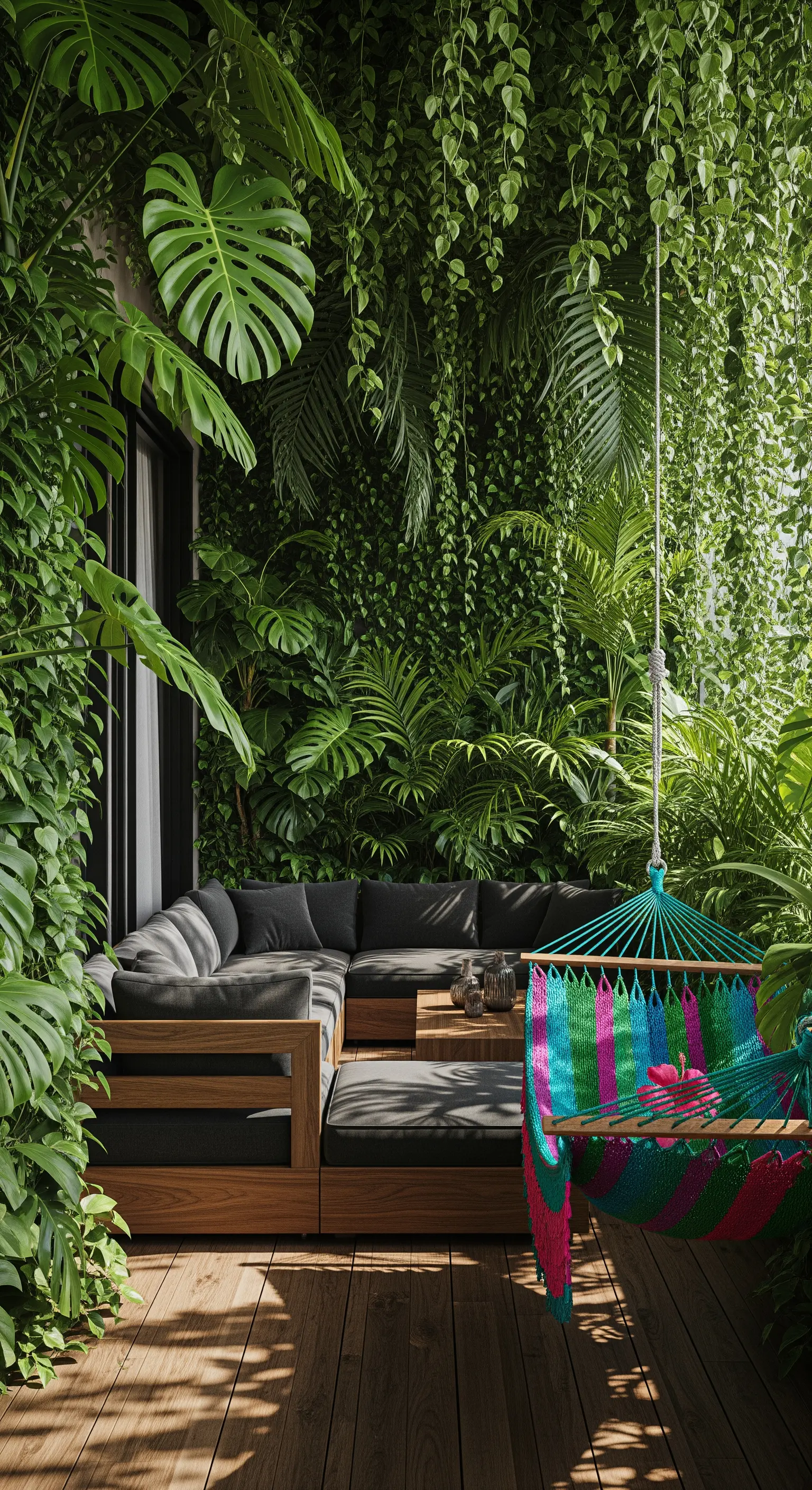 Balkon als Urban Jungle mit Hängematte und dichten Pflanzen