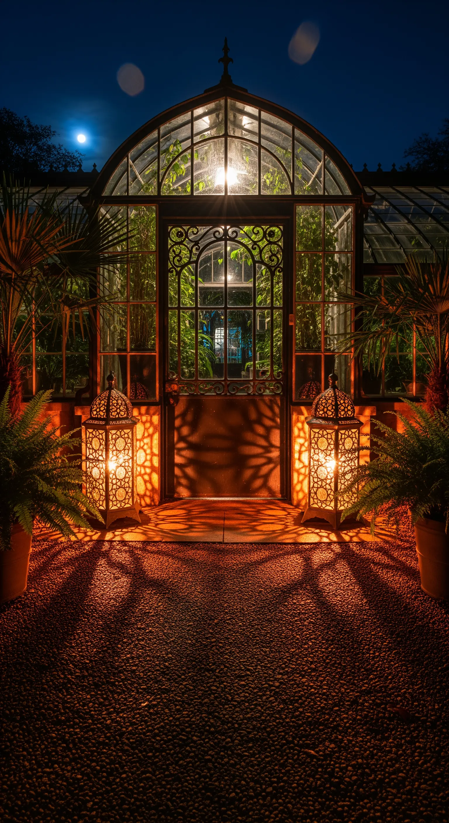 Beleuchteter Gewächshauseingang mit zwei großen, gemusterten Laternen und Pflanzen.