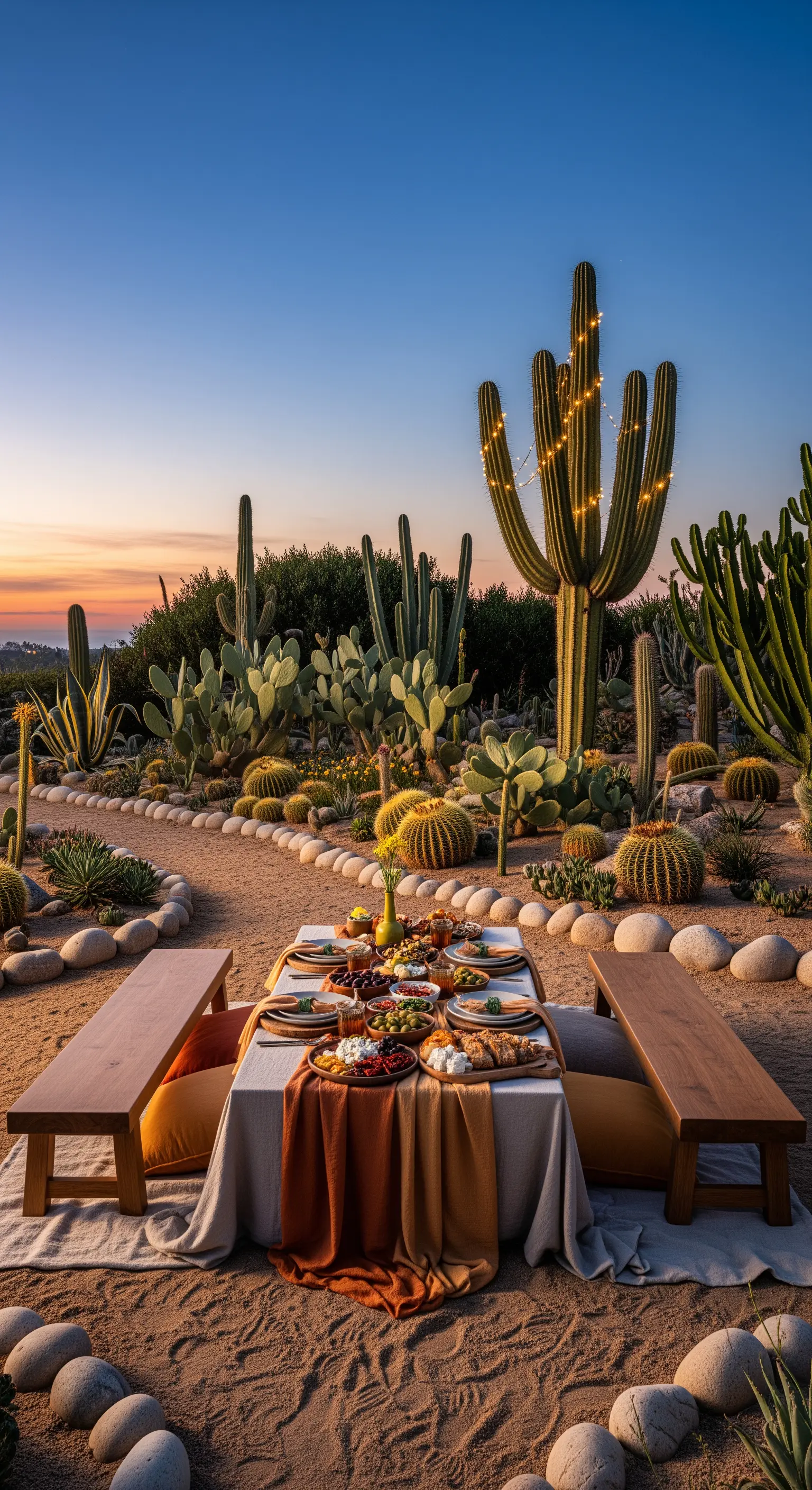 Picknick im Kaktusgarten mit beleuchteten Kakteen, Holztisch und rustikalen Bänken