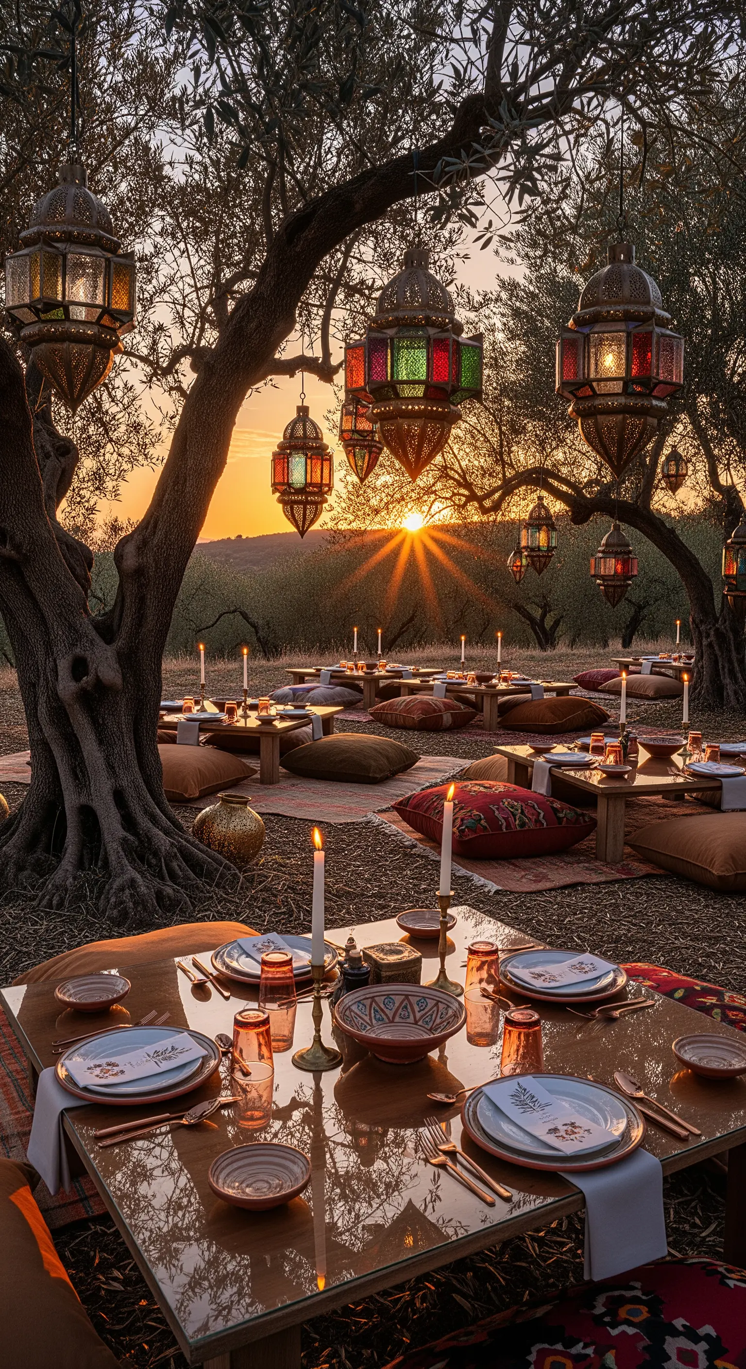 Niedrige Tische mit Kissen und orientalischen Laternen unter Olivenbäumen bei Sonnenuntergang.