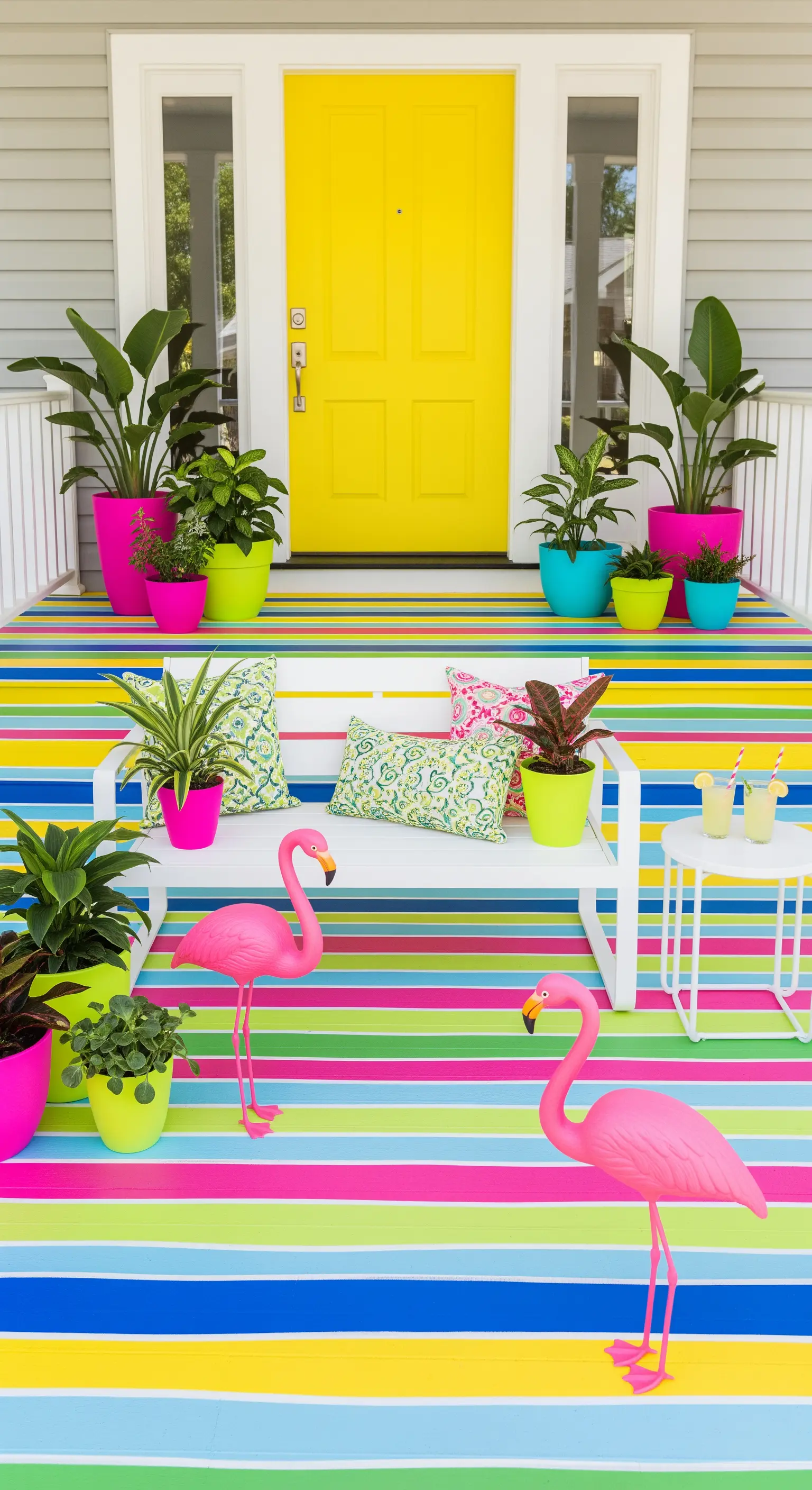 Farbenfroher Eingangsbereich mit gelber Tür, gestreiftem Boden, Neon-Pflanztöpfen und Flamingos