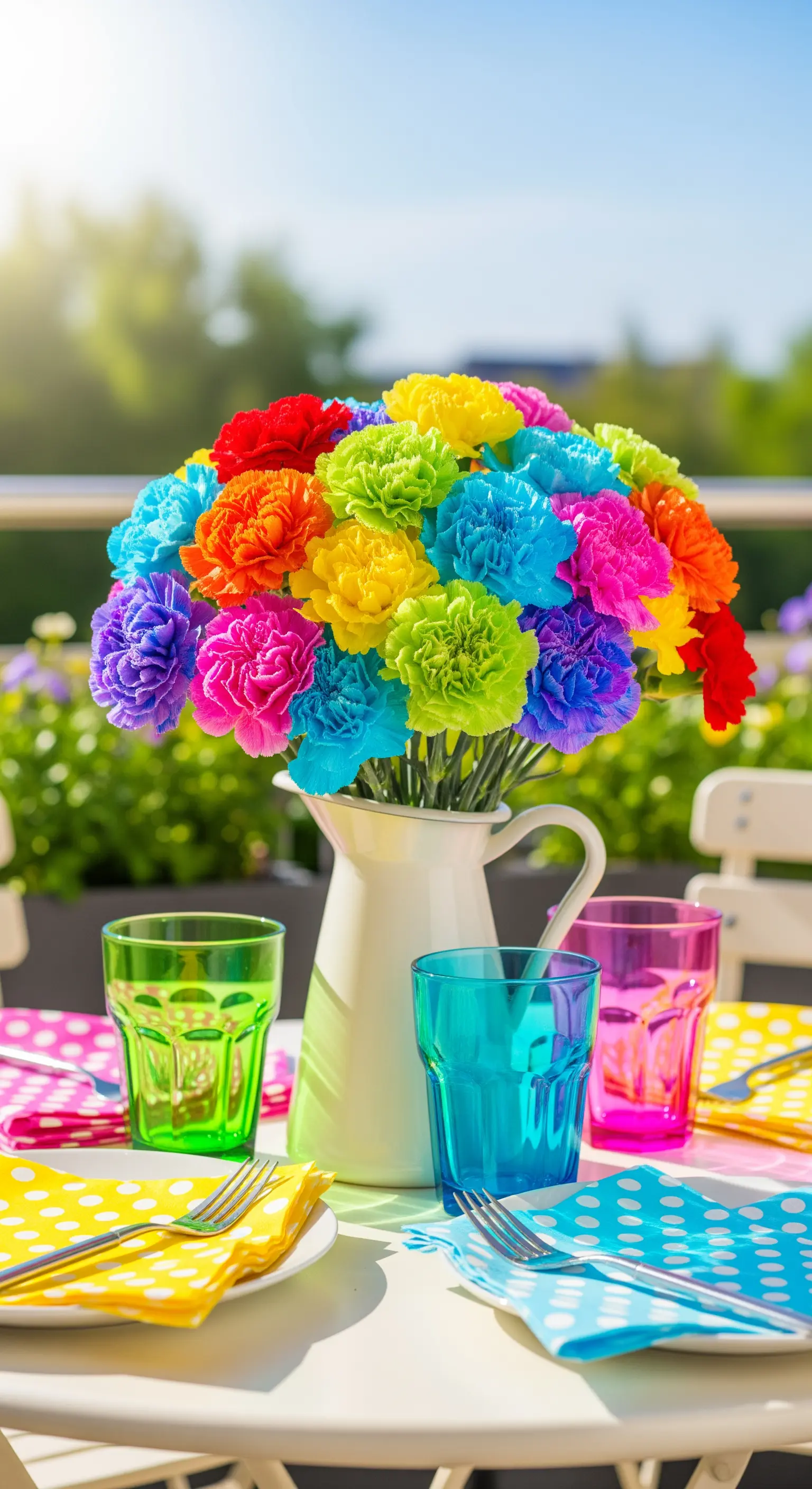 Bunter Nelkenstrauß in einem weißen Krug