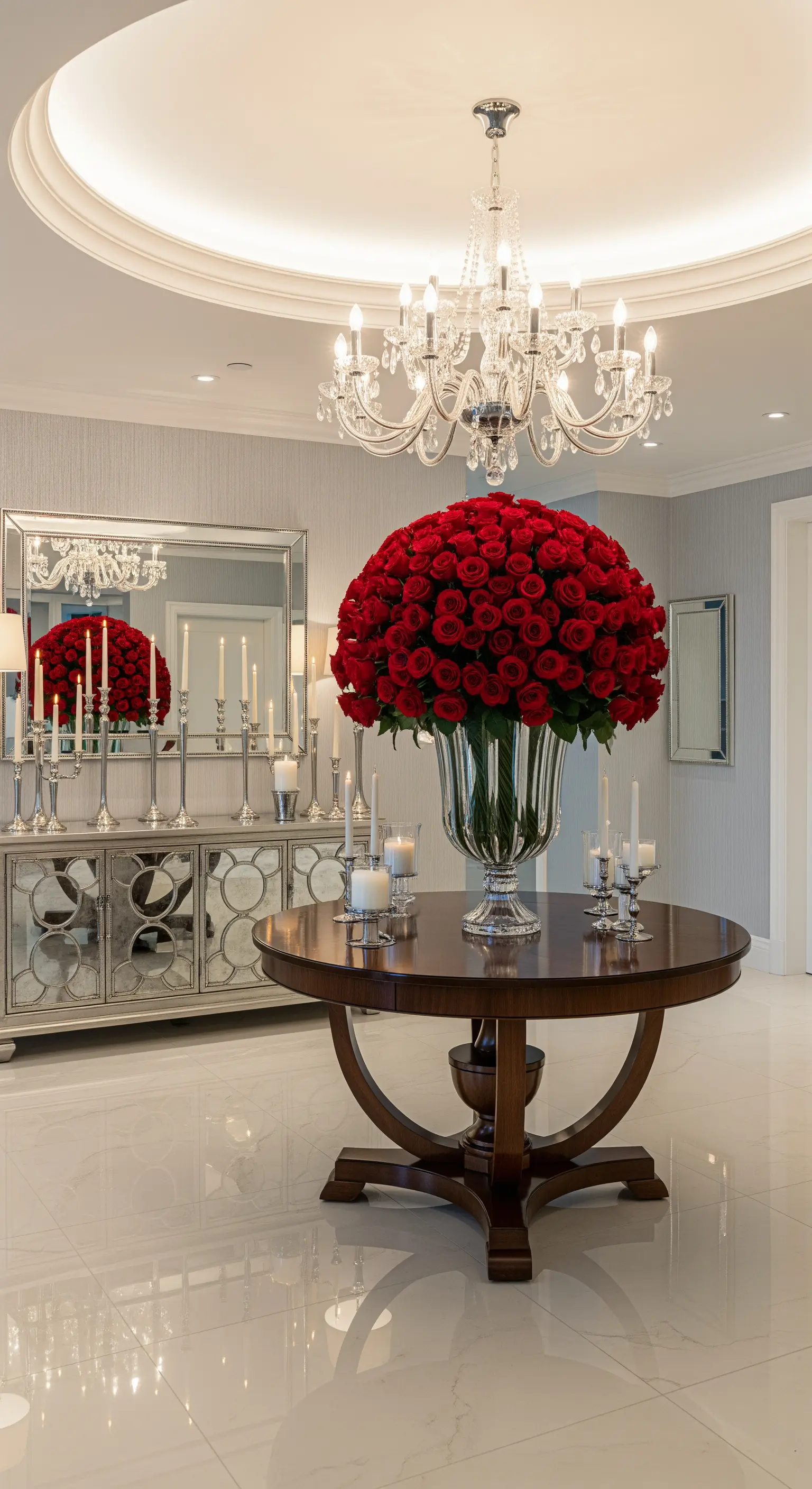 Großzügiges Foyer mit riesigem Rosenarrangement, Kerzenleuchtern und Kronleuchter.