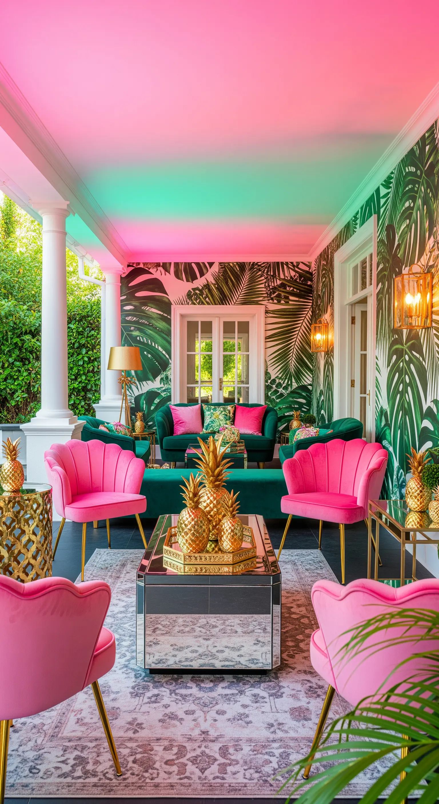 Extravagante Tropen-Veranda mit Blätter-Tapete, pinken Sesseln und goldenen Ananas