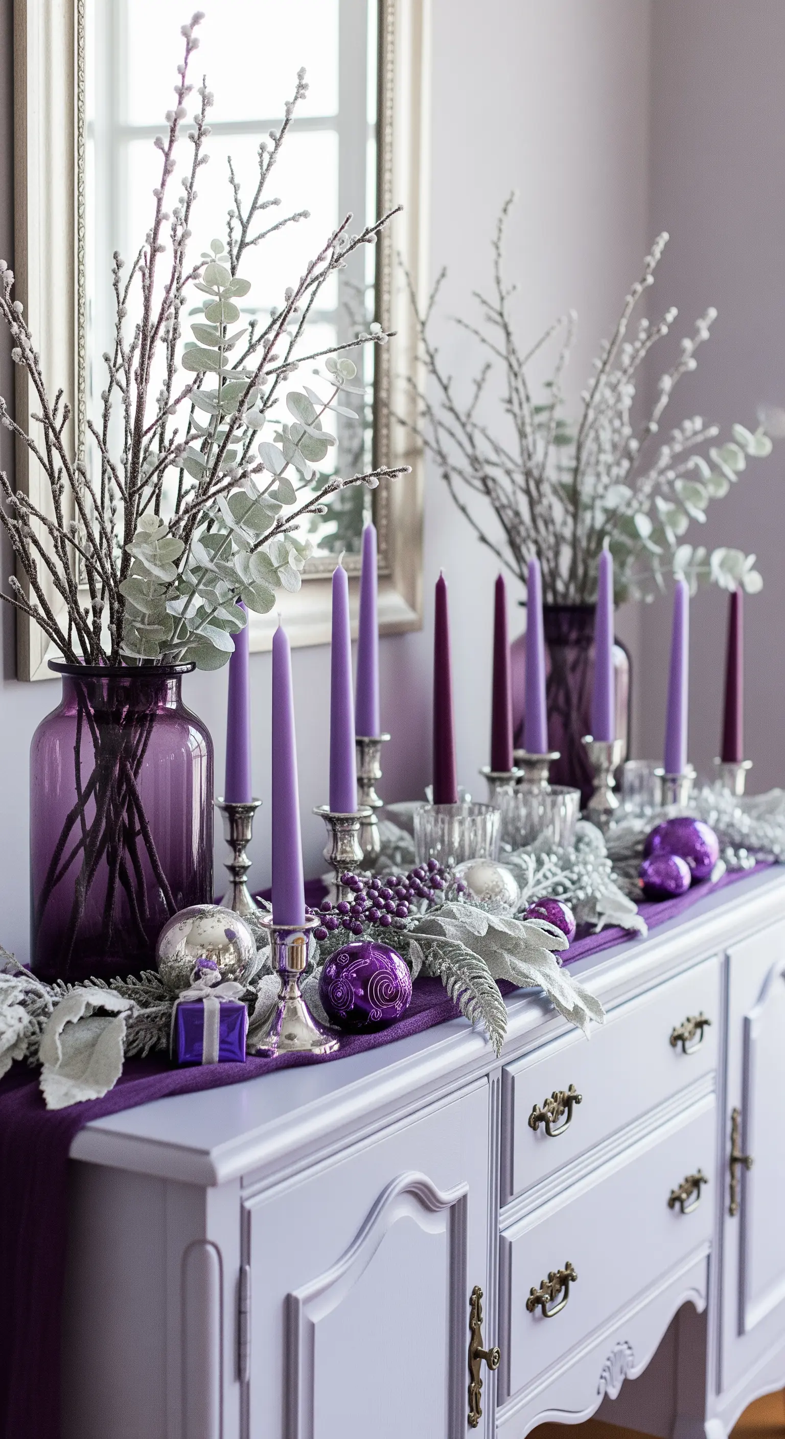Elegante Weihnachtsdeko in Violett- und Silbertönen mit langen Kerzen.