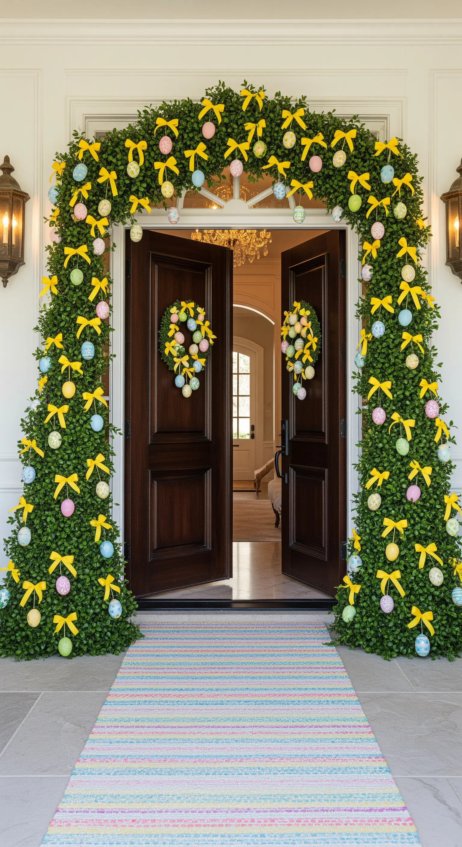 Opulenter Osterbogen aus Grünpflanzen, bunten Eiern und gelben Schleifen