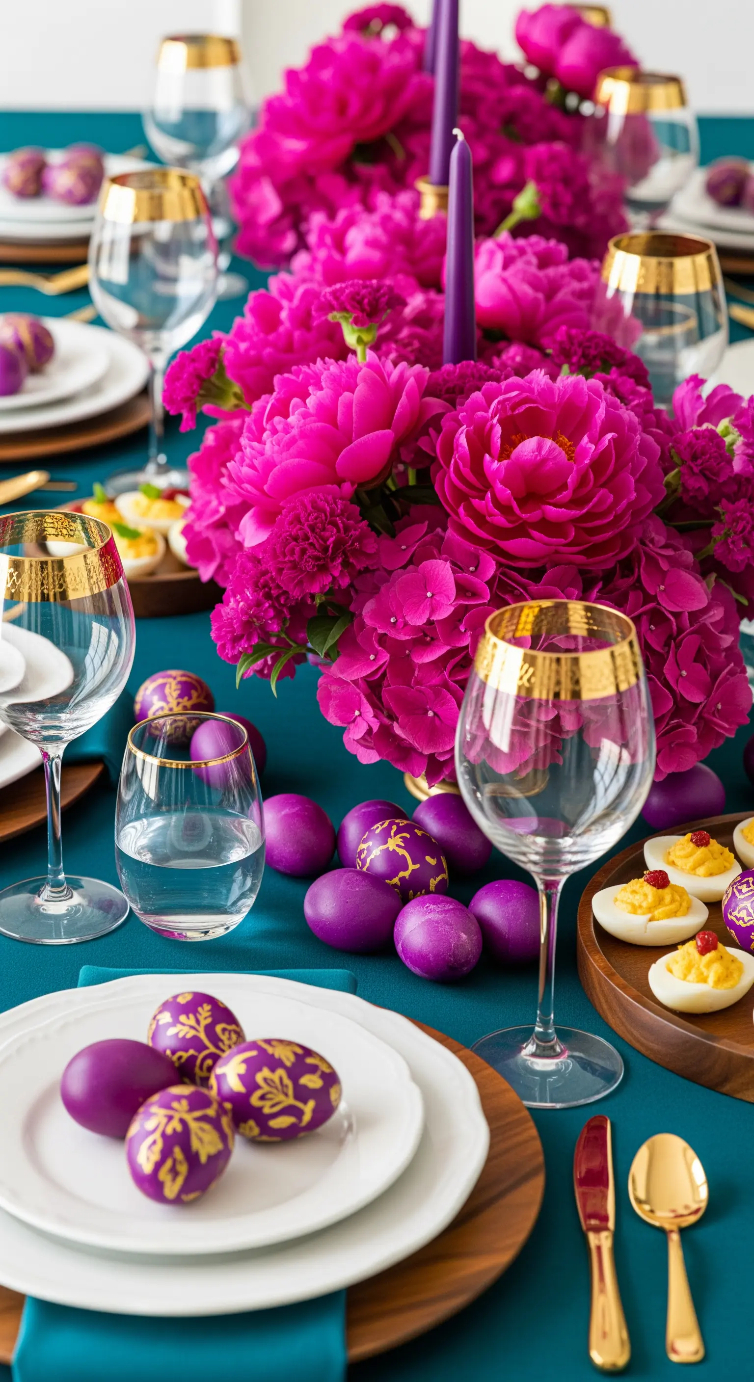 Extravagante Ostertafel in Fuchsia und Gold mit üppigen Blumenarrangements