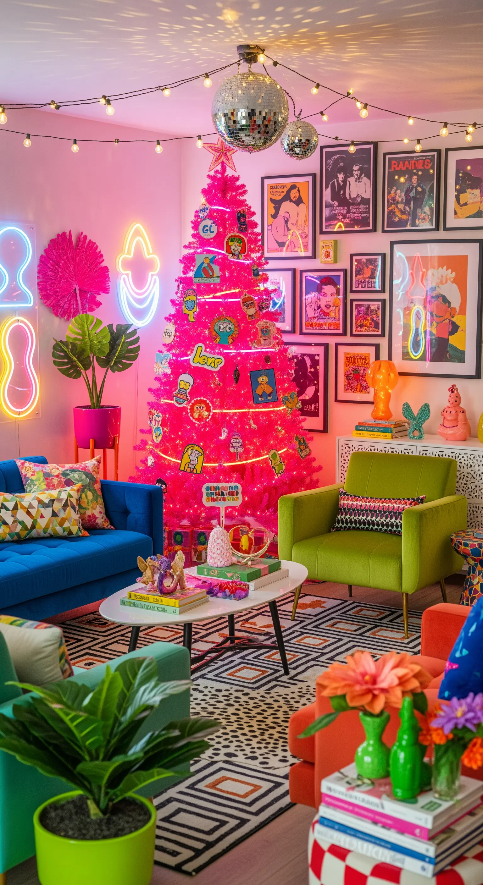 Pop-Art Weihnachtsdeko, pinker Baum, Neonlichter, Discokugeln