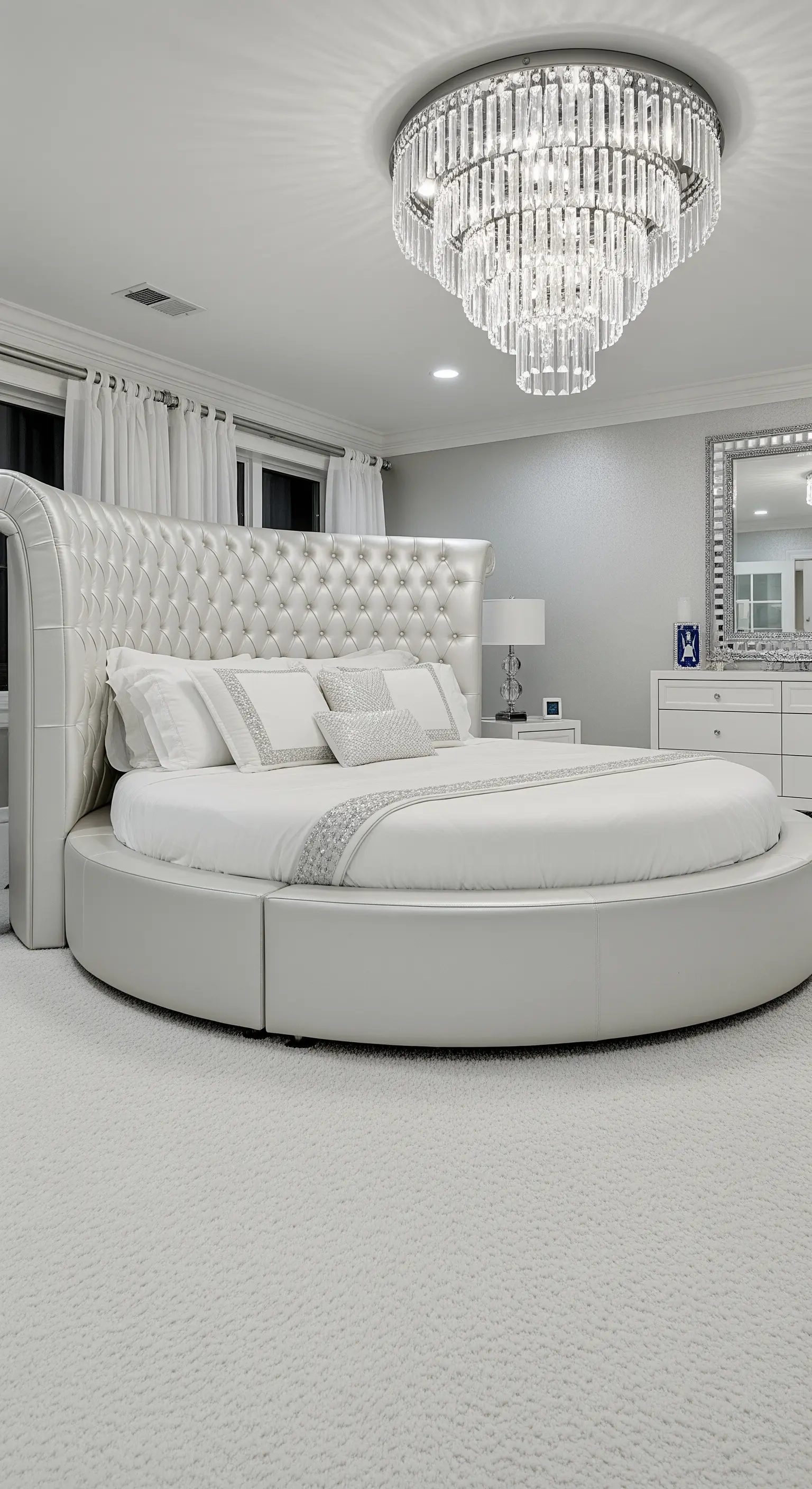 Rundes, weißes Lederbett mit Kristallknöpfen unter einem großen Kronleuchter