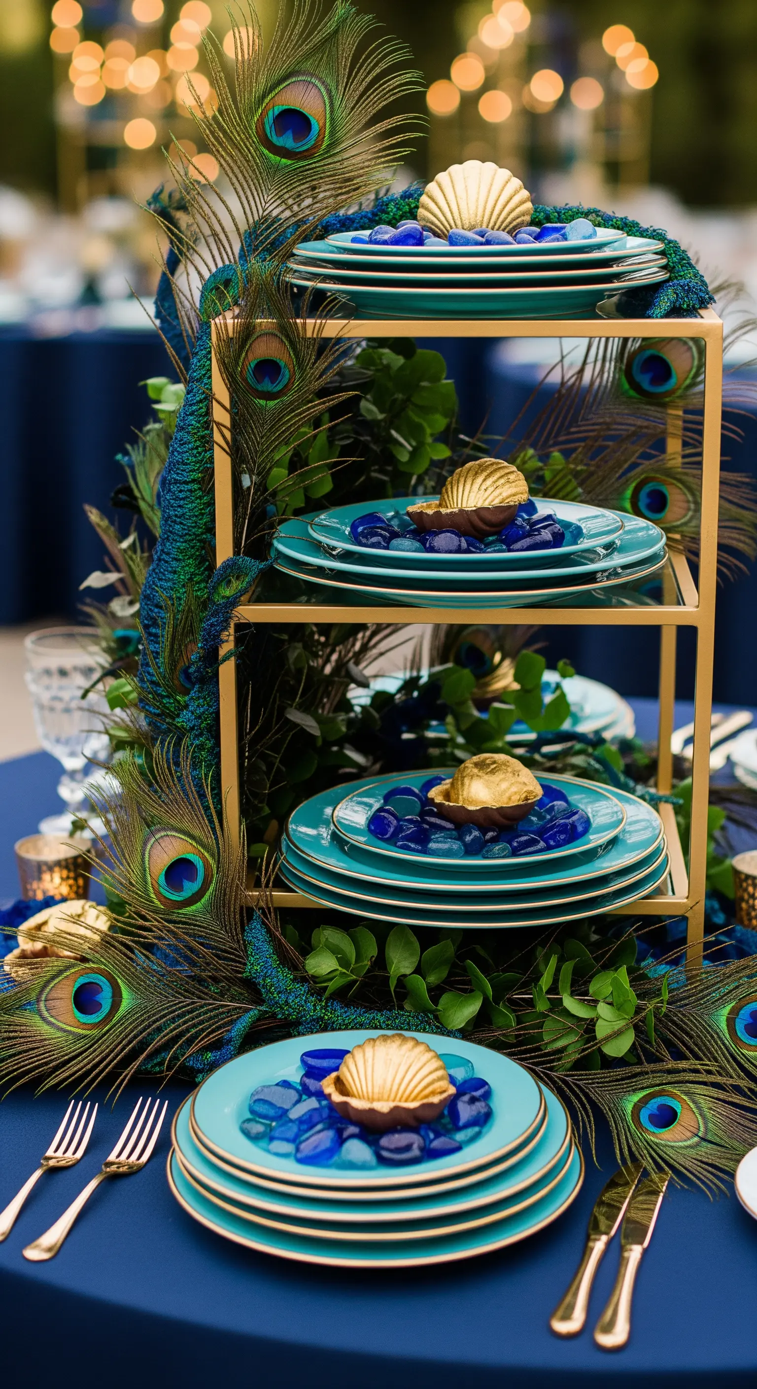 Goldene Etagere dekoriert mit türkisfarbenem Geschirr und opulenten Pfauenfedern.