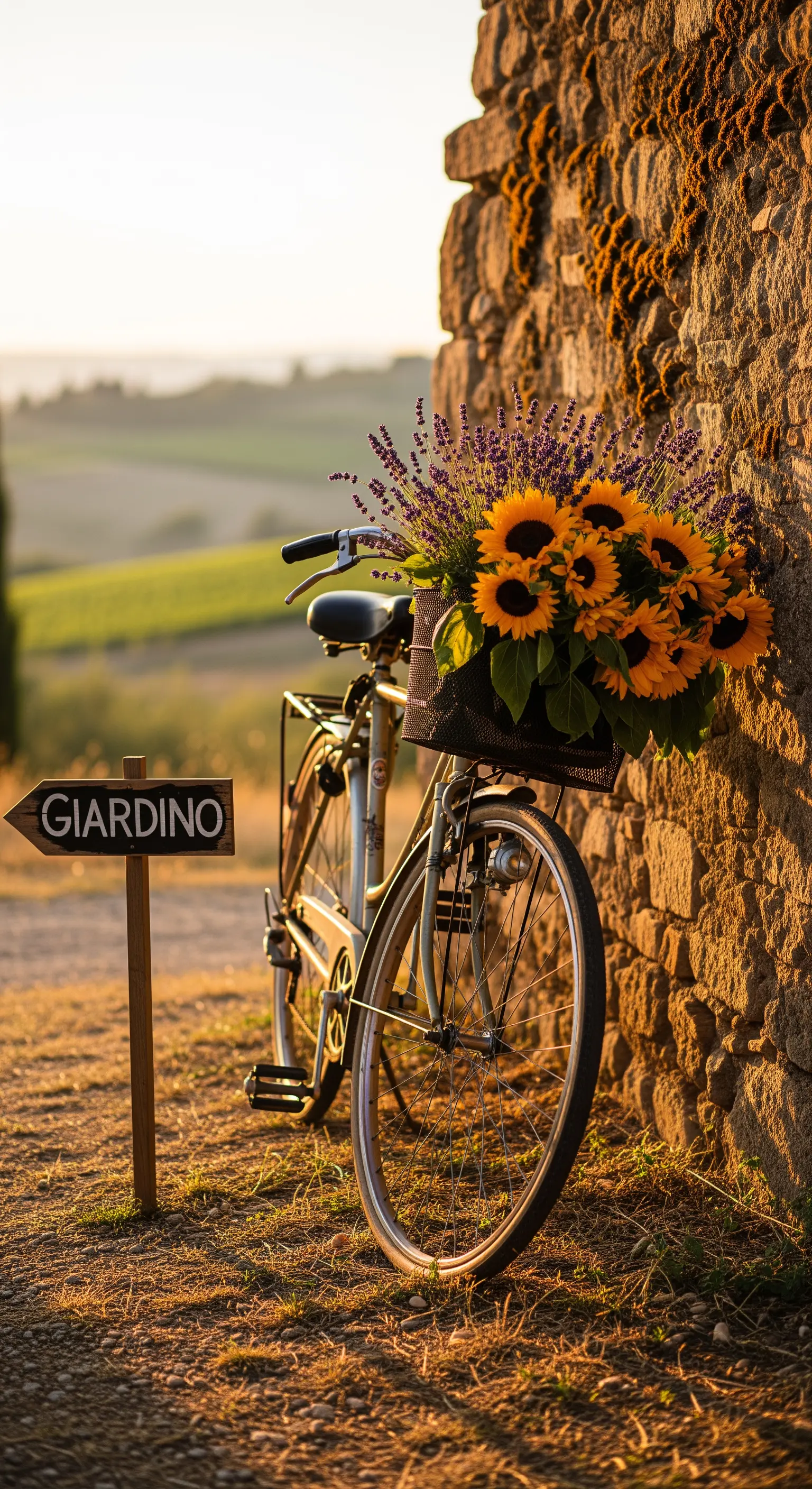 Vintage-Fahrrad mit Sonnenblumen und Lavendel im Korb vor Steinmauer mit Giardino-Schild