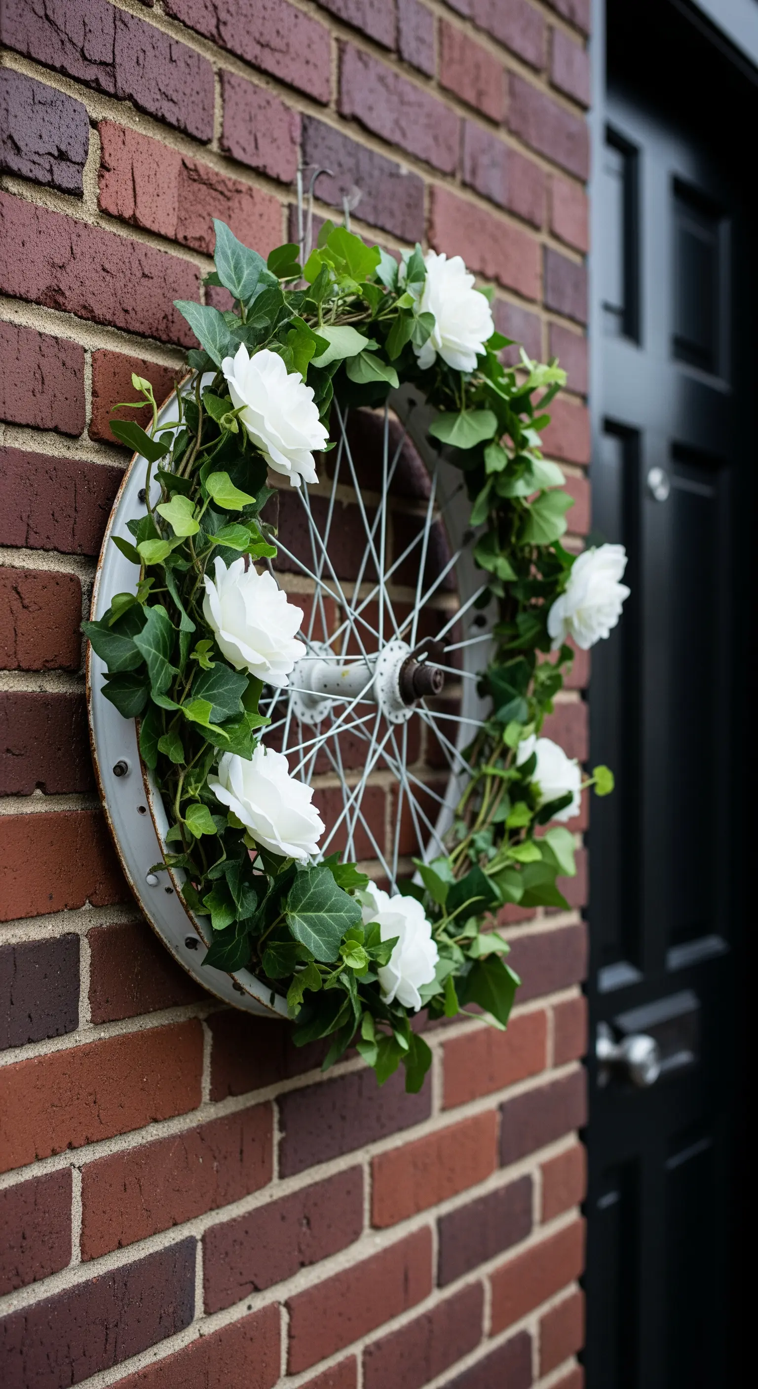 Alter Fahrradreifen, dekoriert mit weißen Rosen und Efeu, hängt an einer Ziegelwand.
