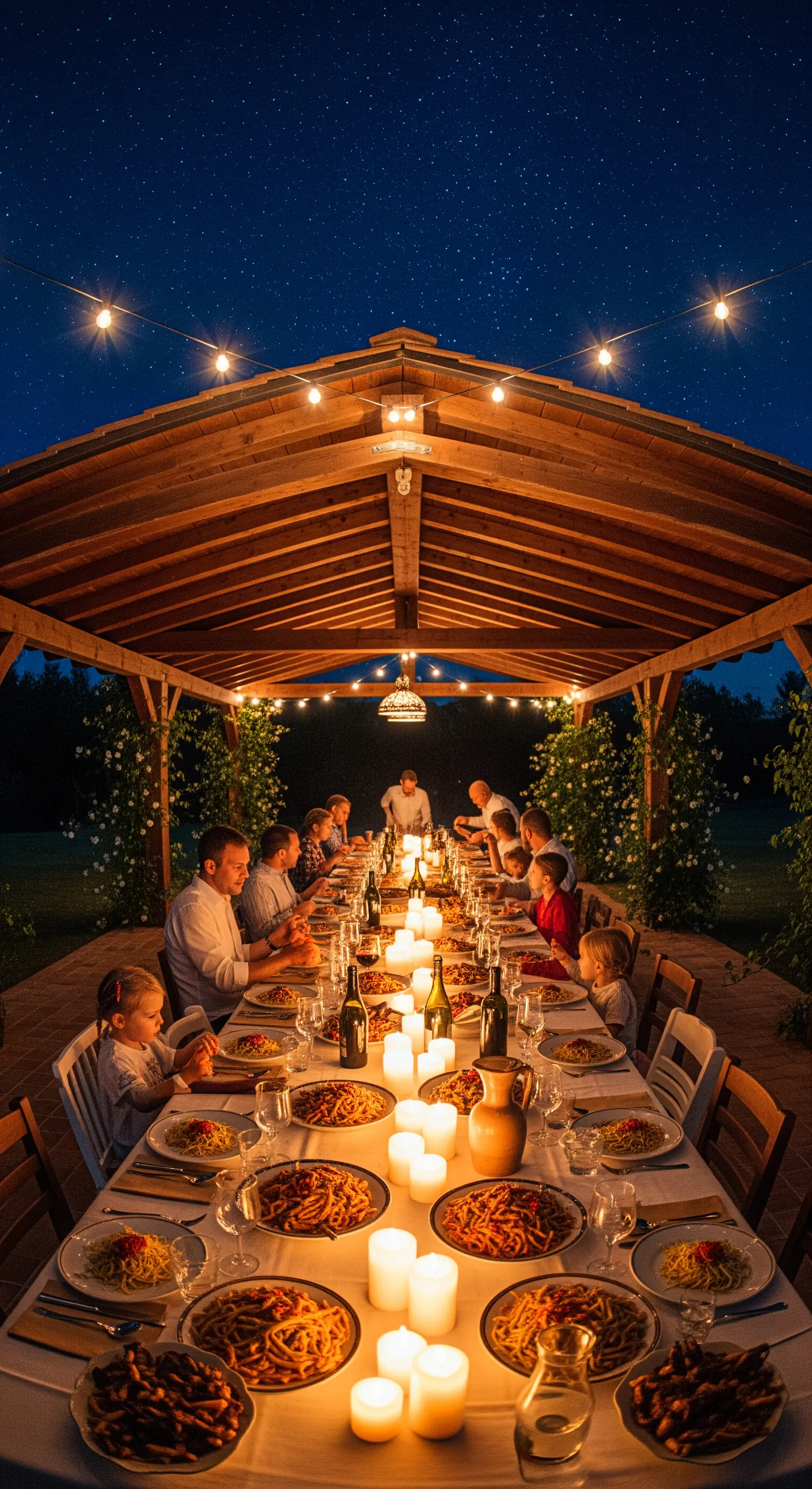 Familienessen, Holzpergola, Lichterketten, Kerzen, italienisches Essen