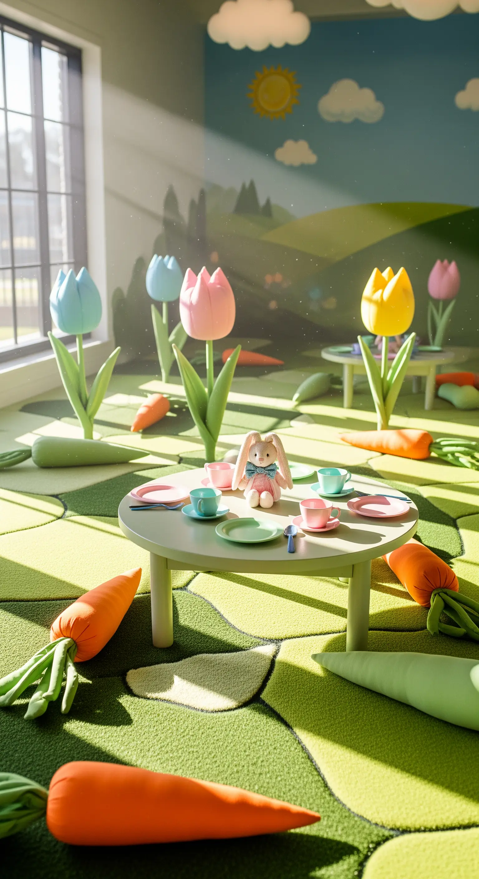 Teeparty für Hasen: Tische, Tulpen, Karottenkissen im Kinderzimmer.
