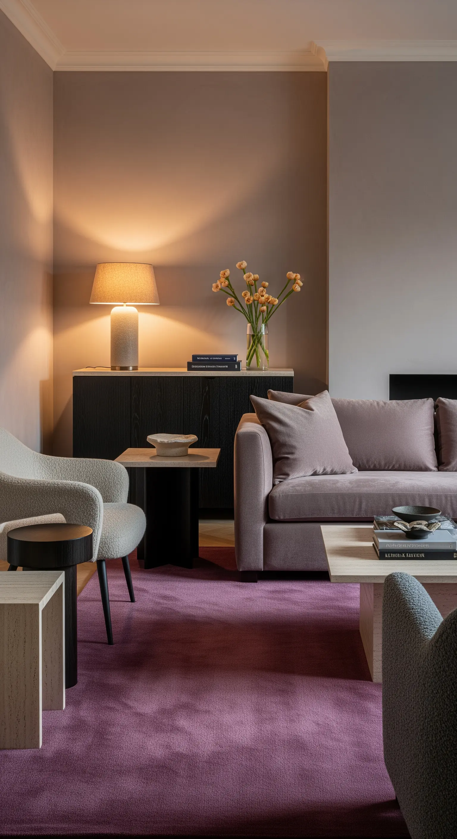 Modernes Wohnzimmer mit einem Sofa und Teppich in einem kräftigen Magentaton.