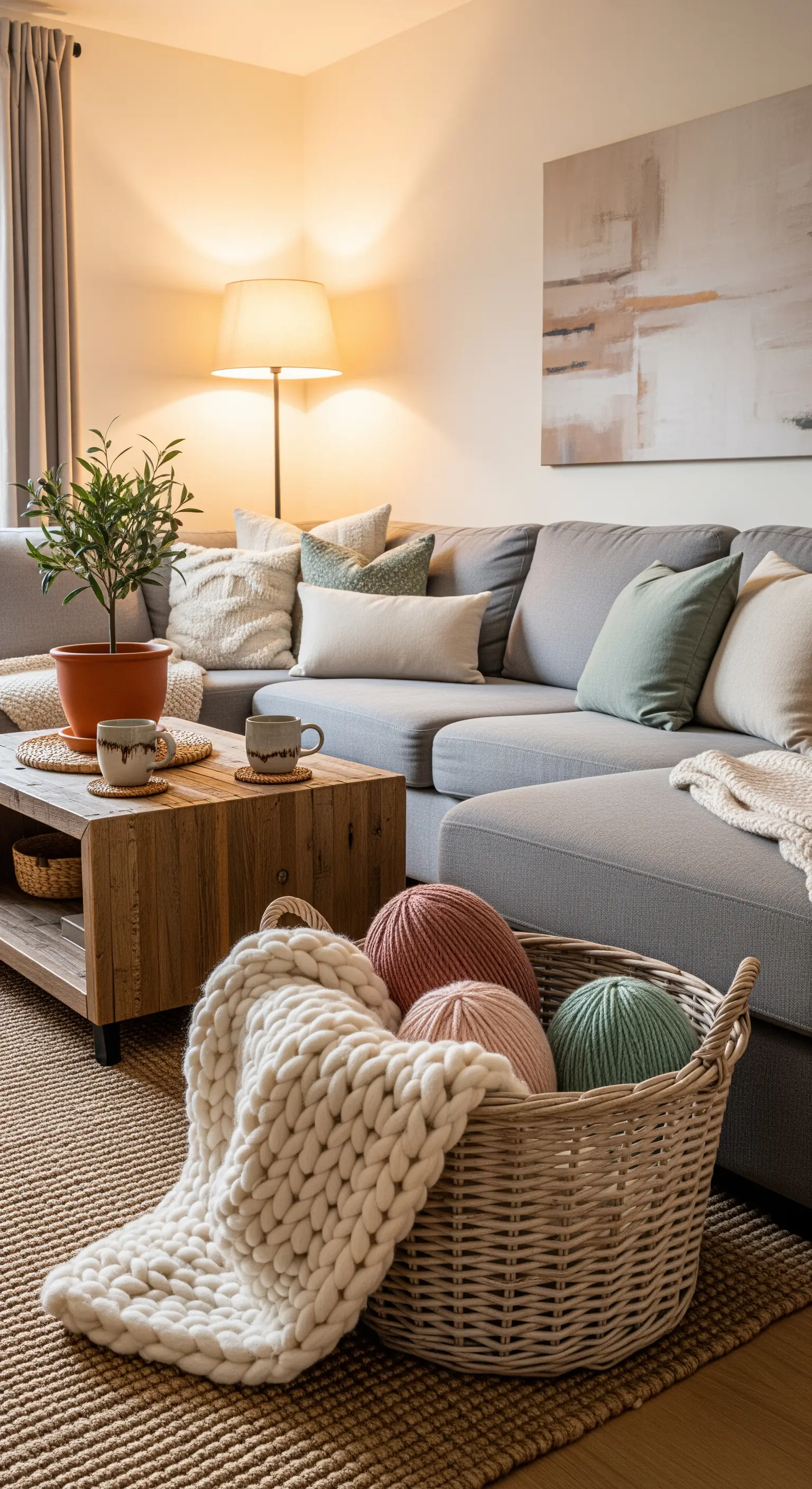 Ein Korb mit großer, pastellfarbener Wolle erinnert an Ostereier.