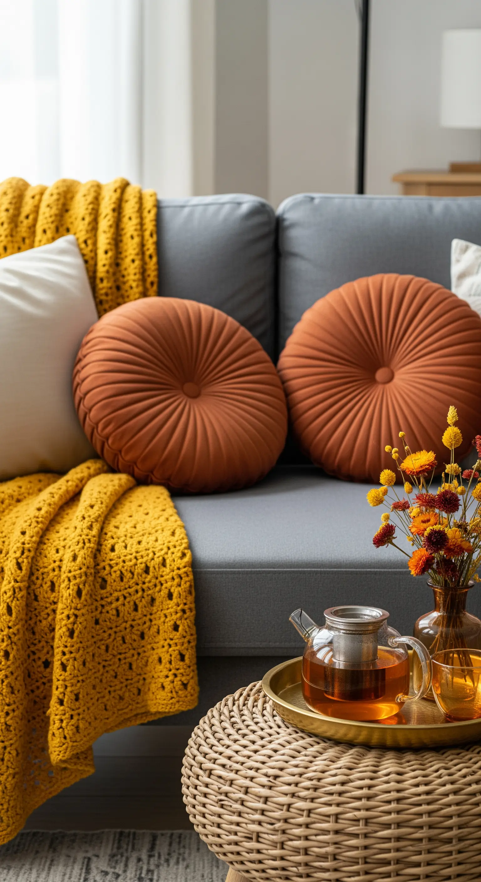 Sofa mit gelbem Plaid, runden rostfarbenen Kissen, Tee auf Rattan-Beistelltisch.