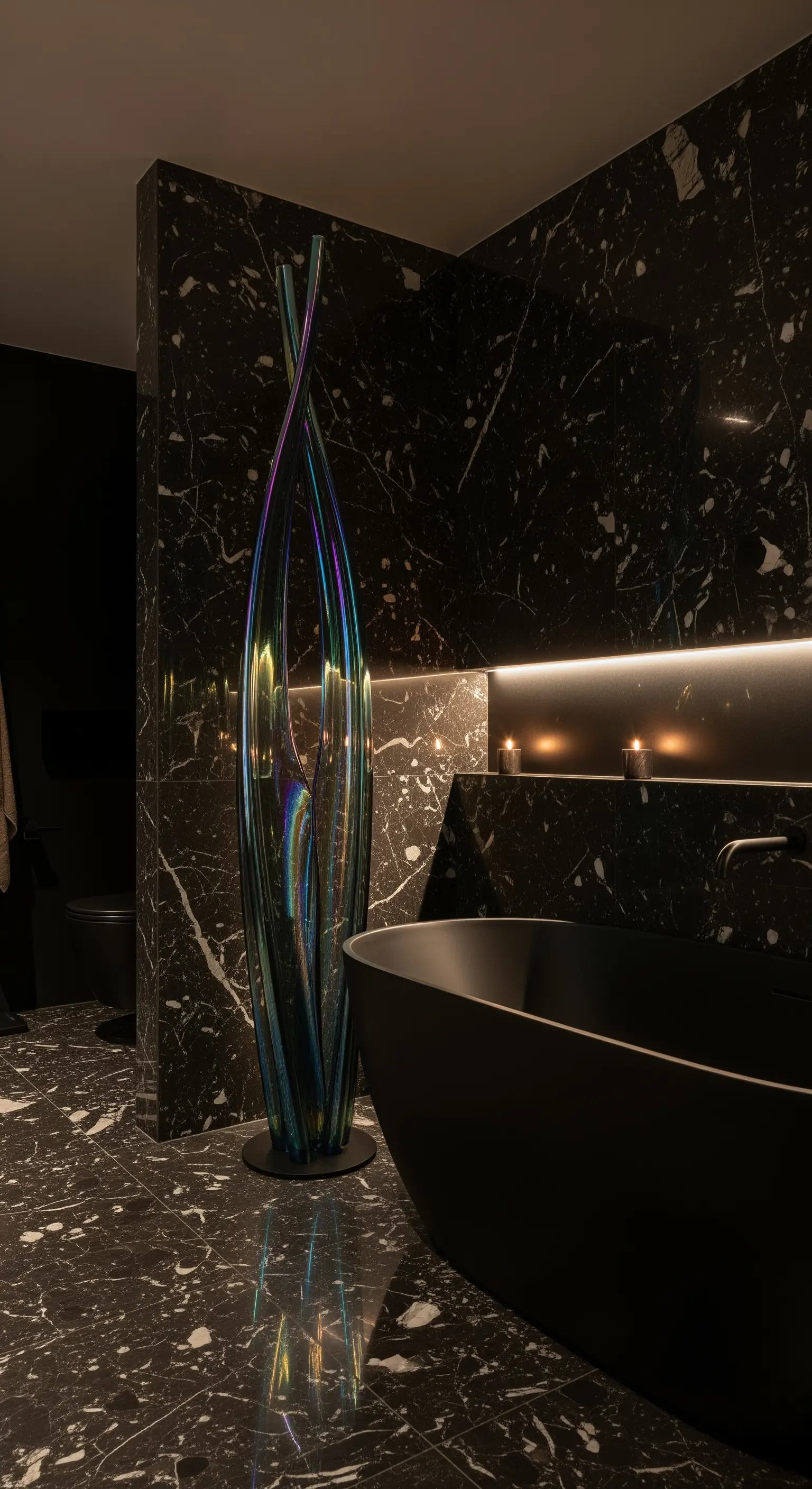 Iridescent Glasskulptur in schwarzem Marmorbad neben freistehender Wanne.