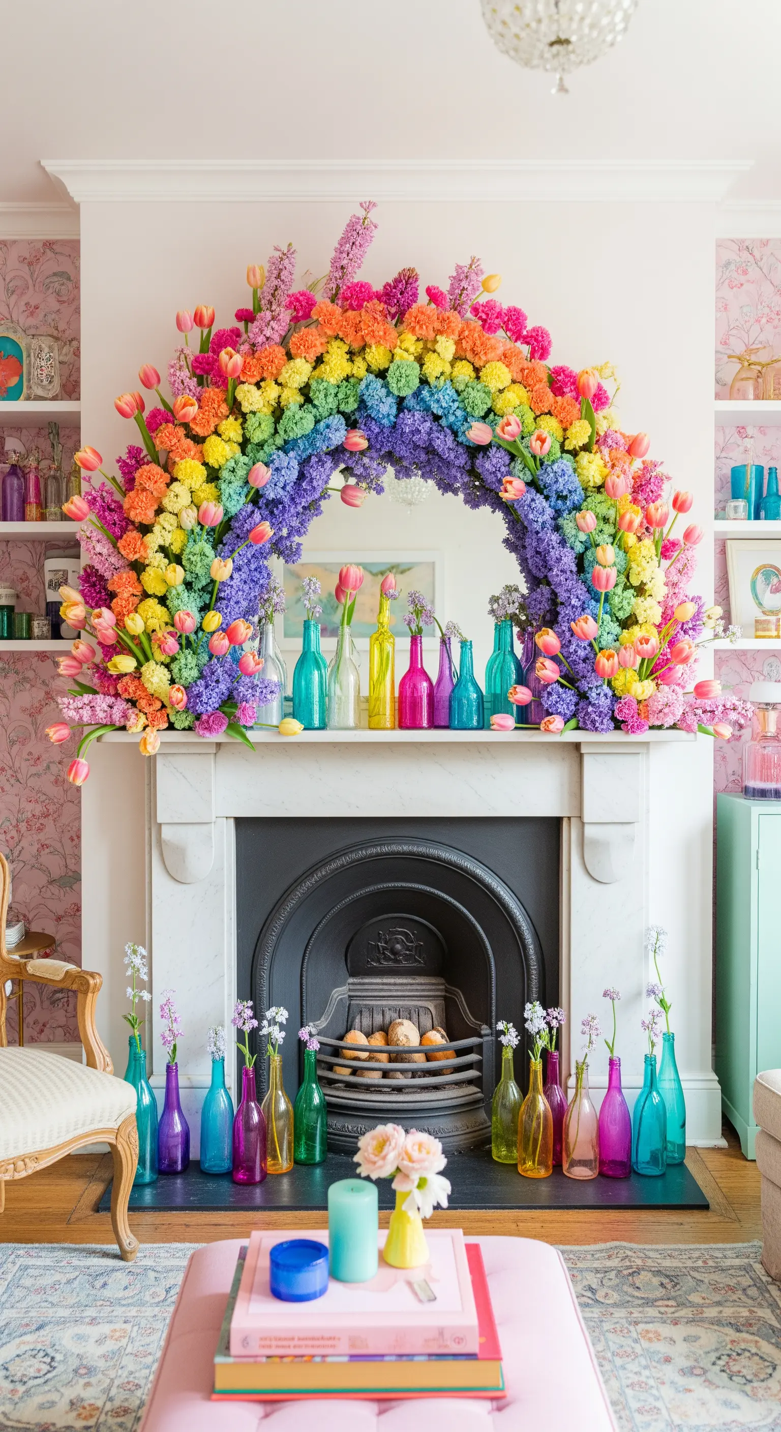Opulenter Regenbogen-Blumenbogen aus Tulpen und Hyazinthen über einem Kaminspiegel.