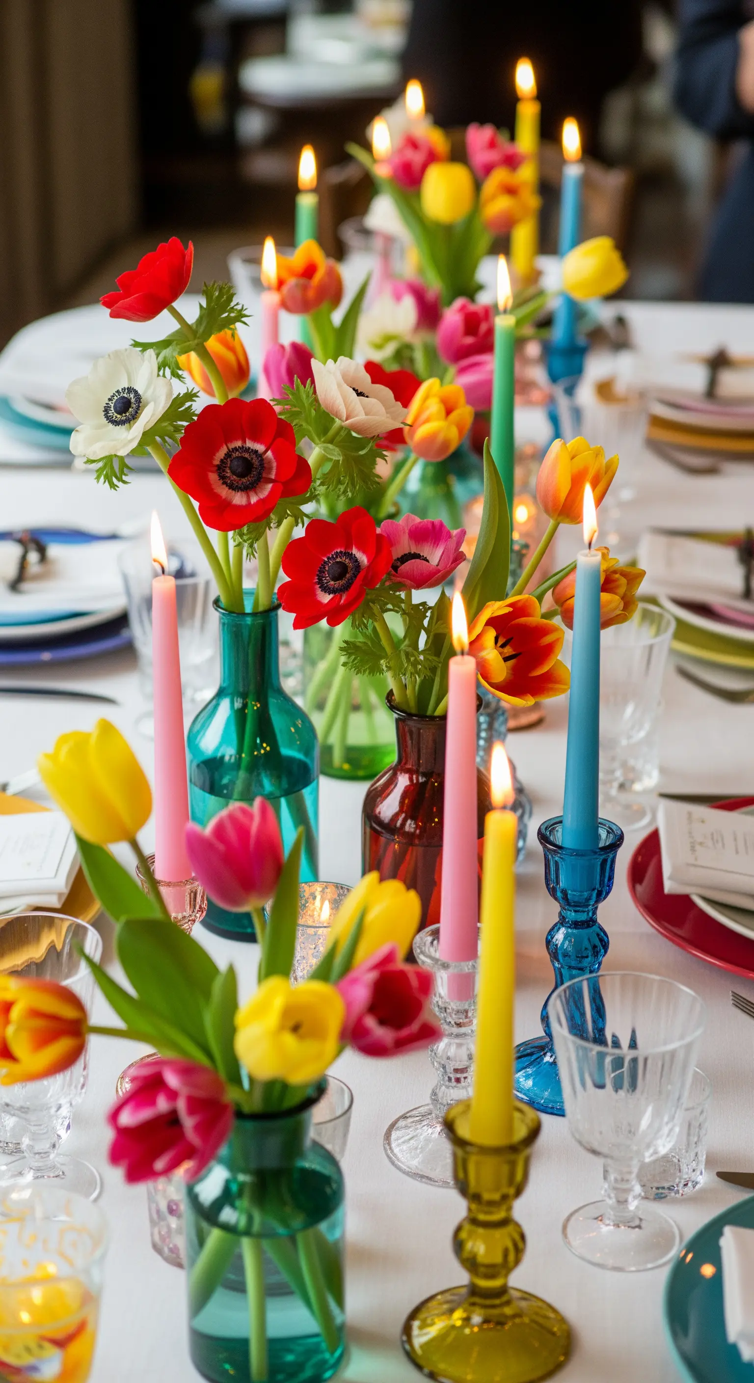 Bunte Tulpen und Anemonen in farbigen Glasvasen mit bunten Kerzen