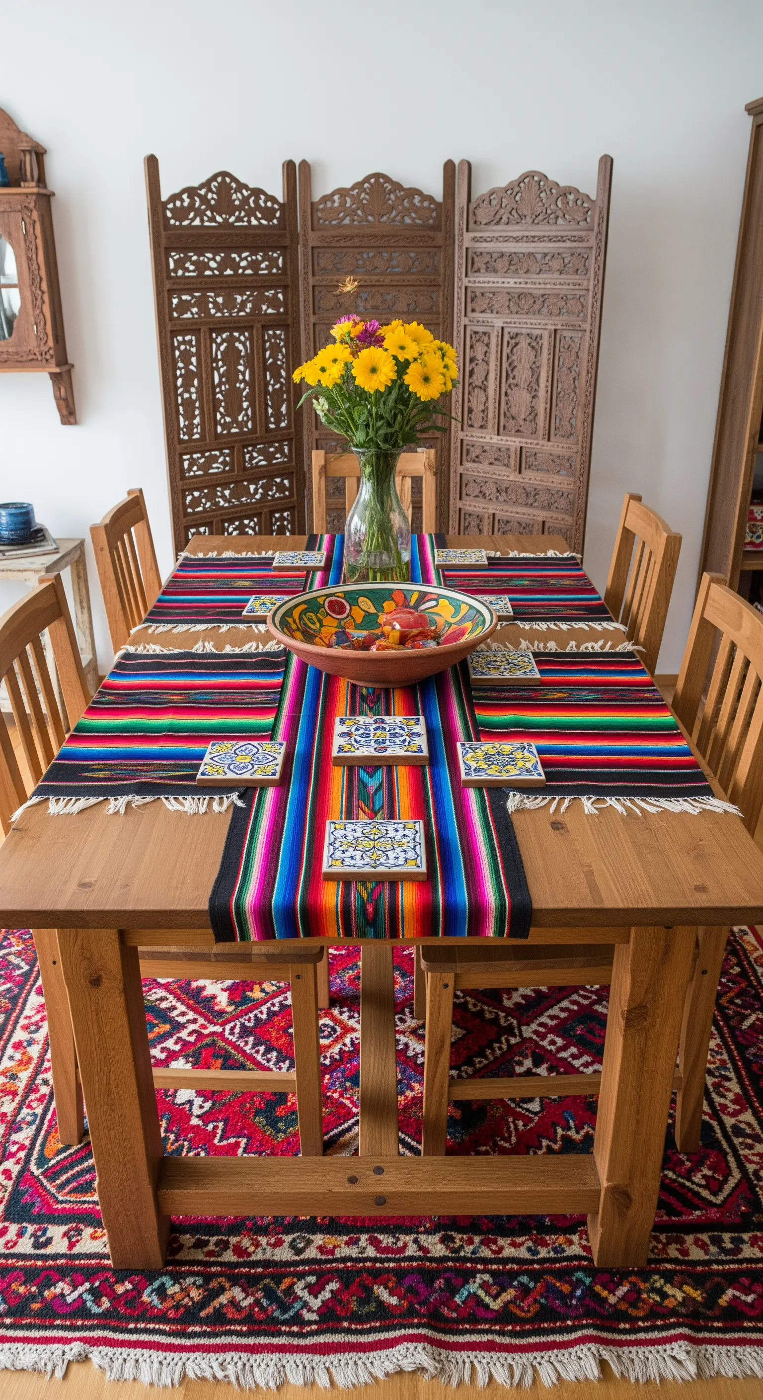 Holztisch mit einem sehr bunten, gestreiften Tischläufer und Keramik-Untersetzern.