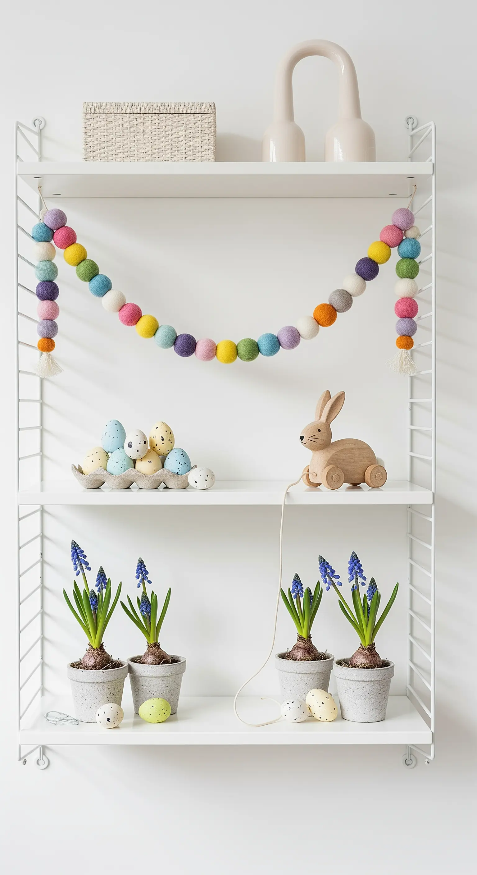 Weißes String-Regal mit bunter Filzgirlande, Hyazinthen und Holzspielzeug als Osterdeko.