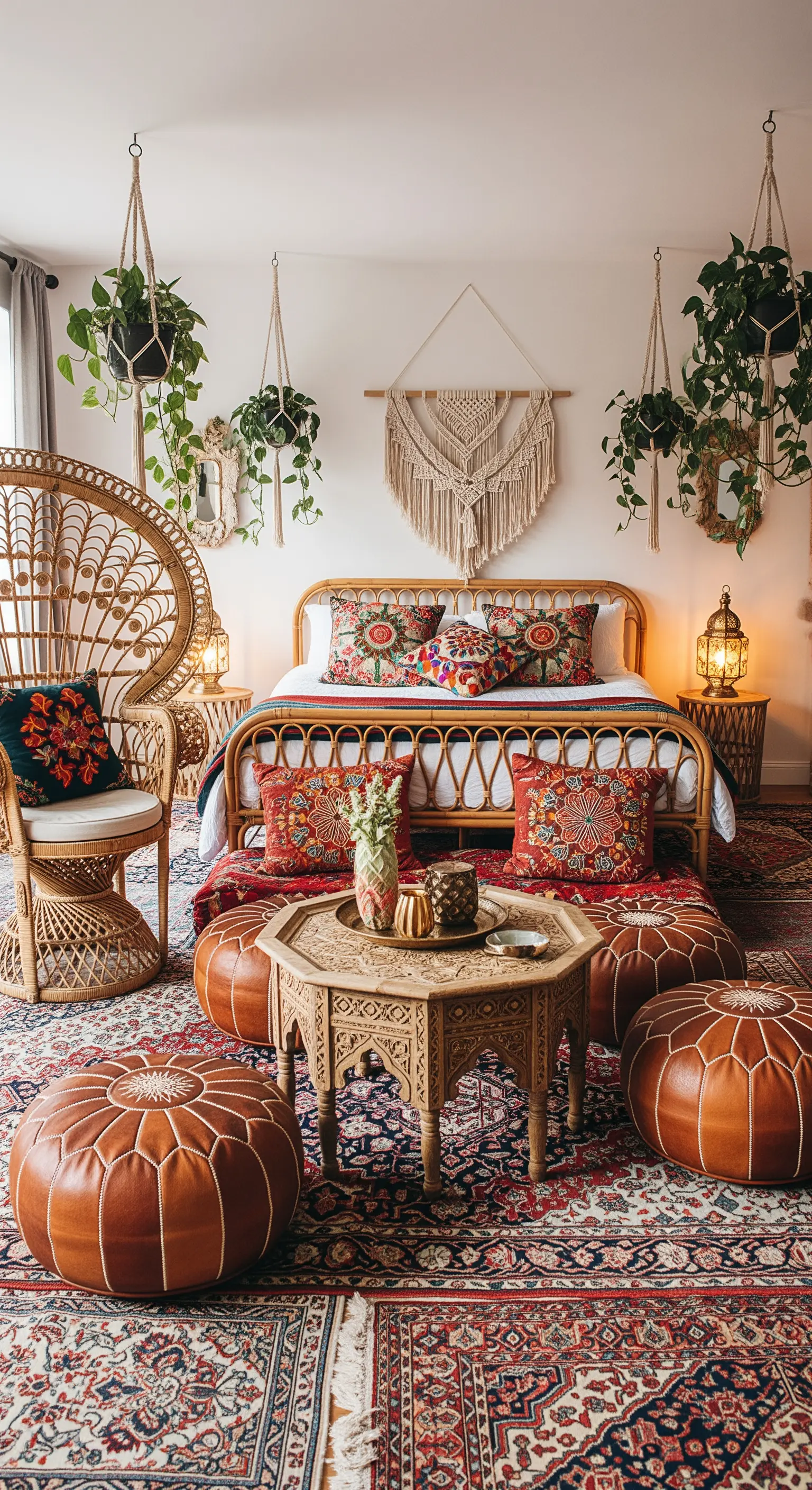 Bohemian-Schlafzimmer mit Rattan-Möbeln, marokkanischen Poufs und vielen Pflanzen.