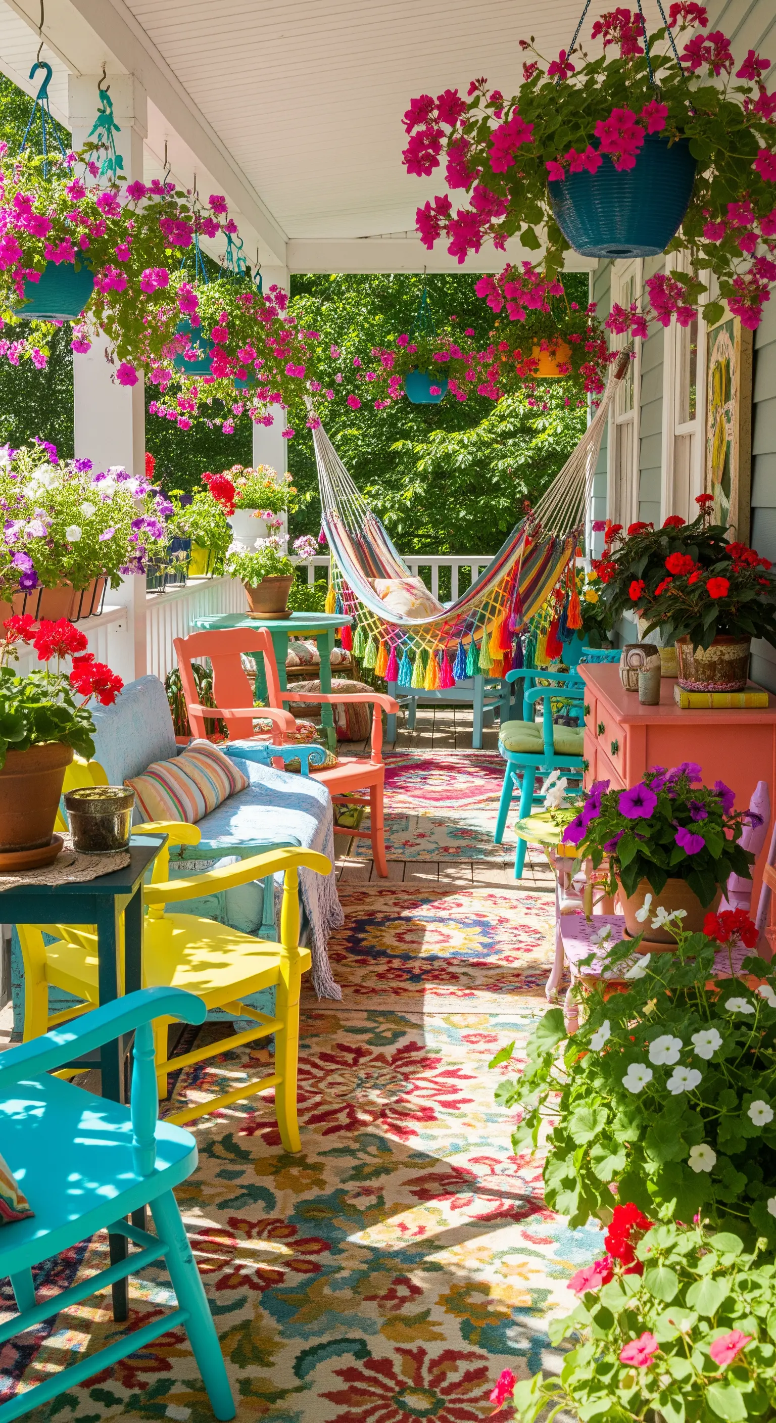 Bunte Boho-Veranda mit Hängematte, farbigen Möbeln und üppigen Blumen