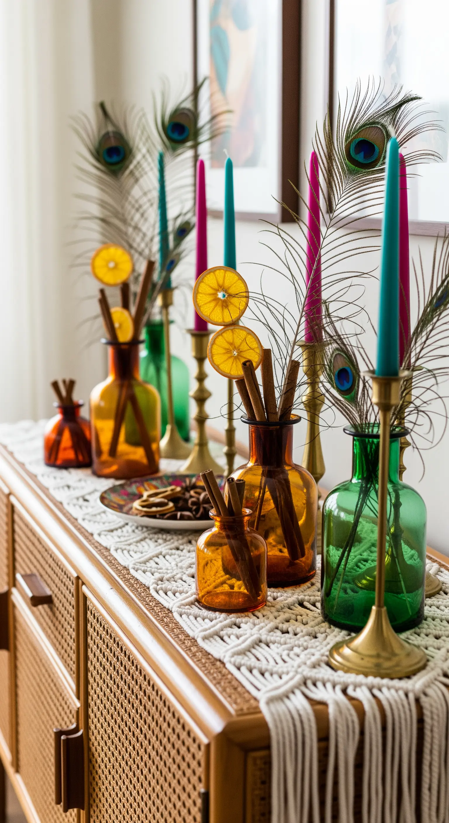 Bunte Boho-Weihnachtsdeko mit Pfauenfedern und farbigen Kerzen.