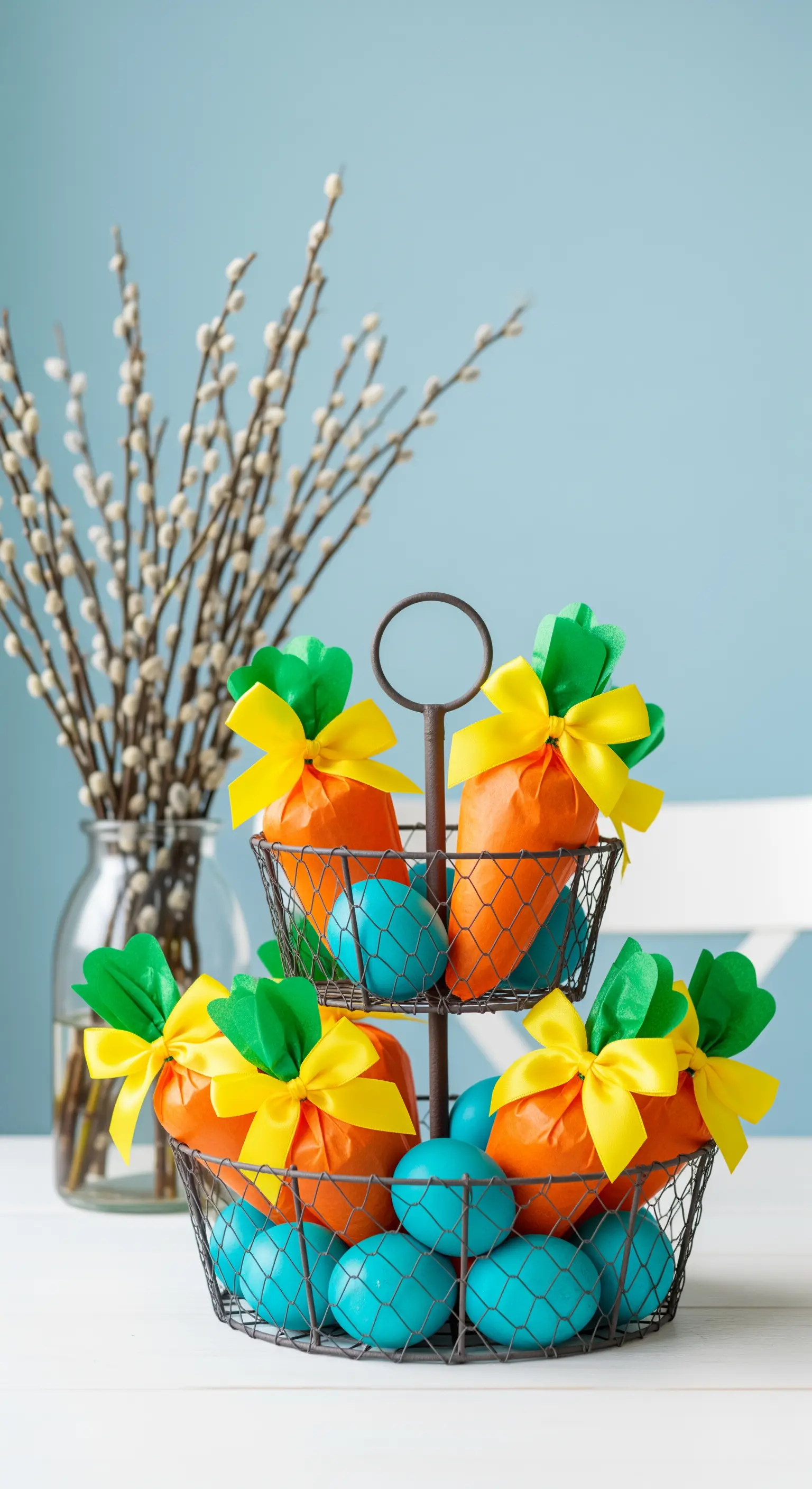 Draht-Etagere mit Möhren-Geschenktüten und türkisfarbenen Eiern, Weidenkätzchen im Hintergrund
