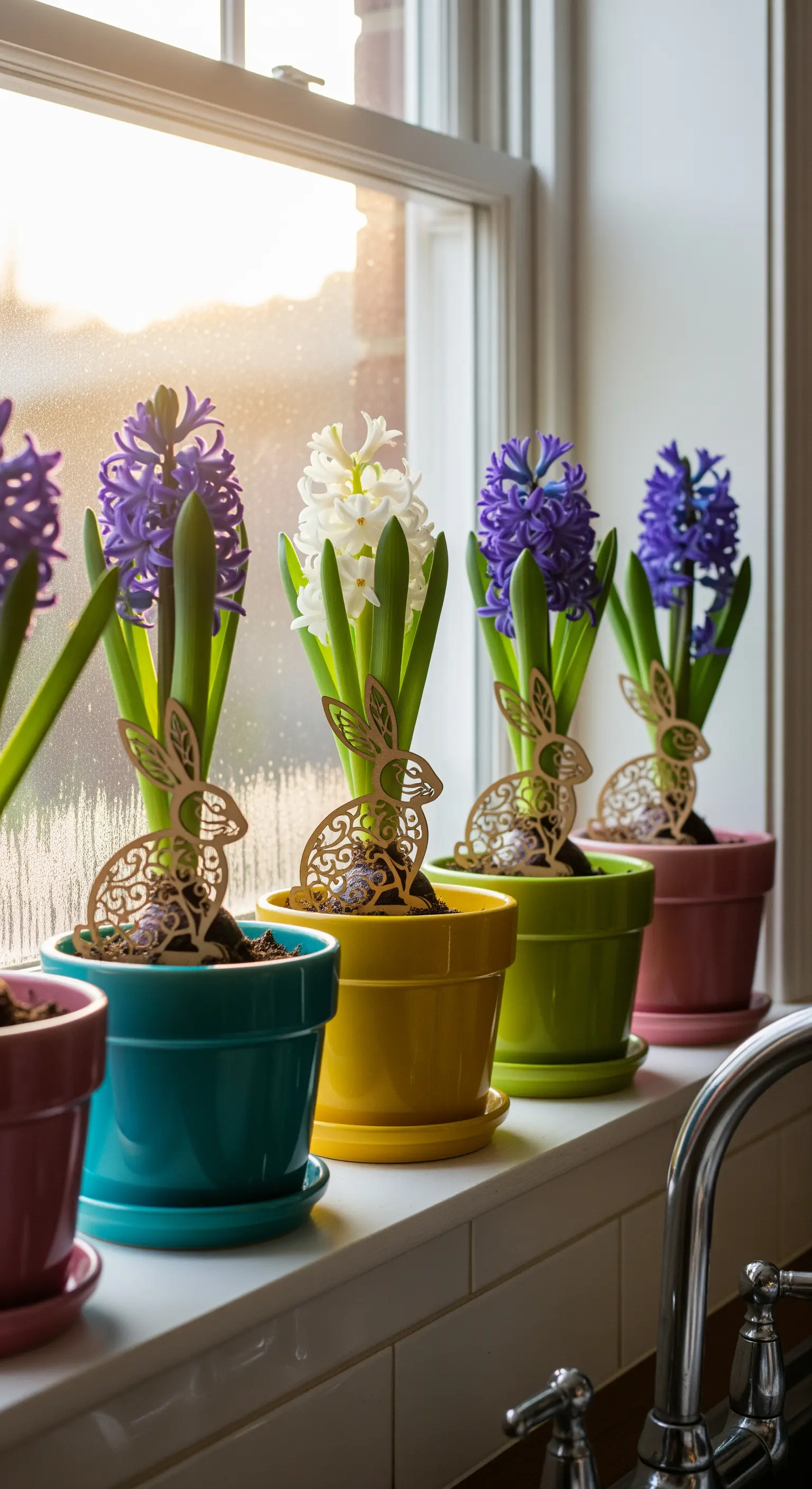 Fensterbank mit bunten Hyazinthen-Töpfen und Hasen-Silhouetten aus Holz.
