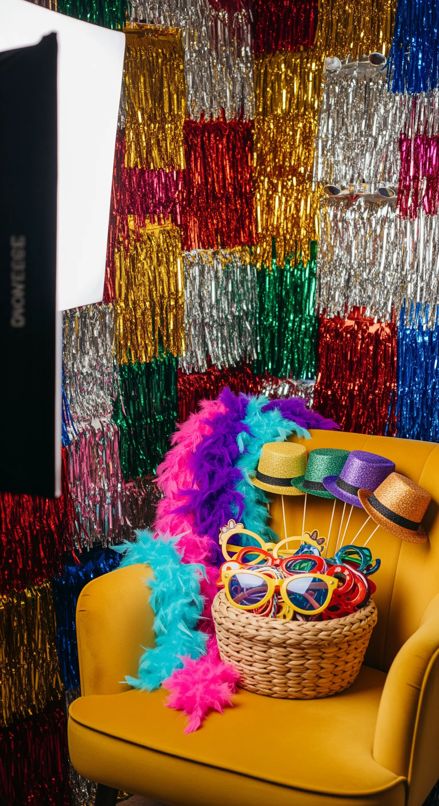 Fotokabine mit bunter Lametta-Wand und Party-Accessoires für Kinder.