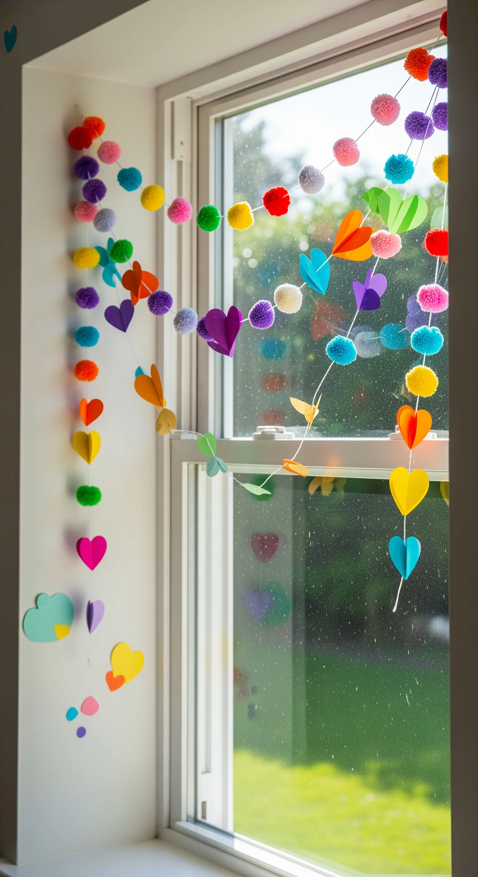 Bunte Girlanden aus Papierherzen und Pompons in Regenbogenfarben um ein Kinderzimmerfenster.