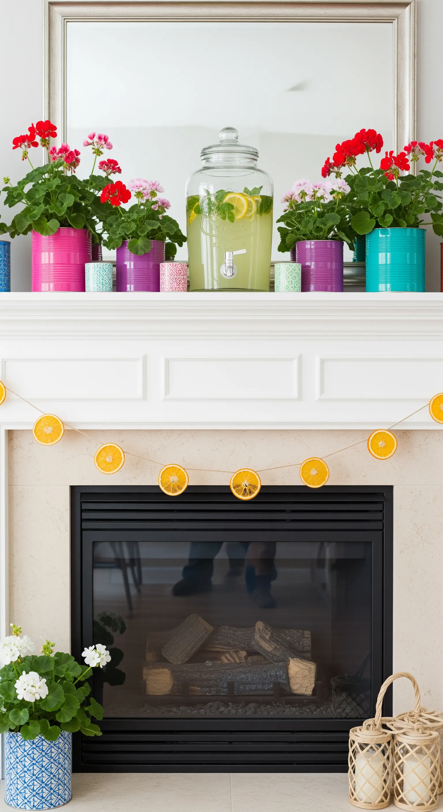 Partydeko auf dem Kamin mit bunten Geranien, einem Limonadenspender und einer Orangengirlande