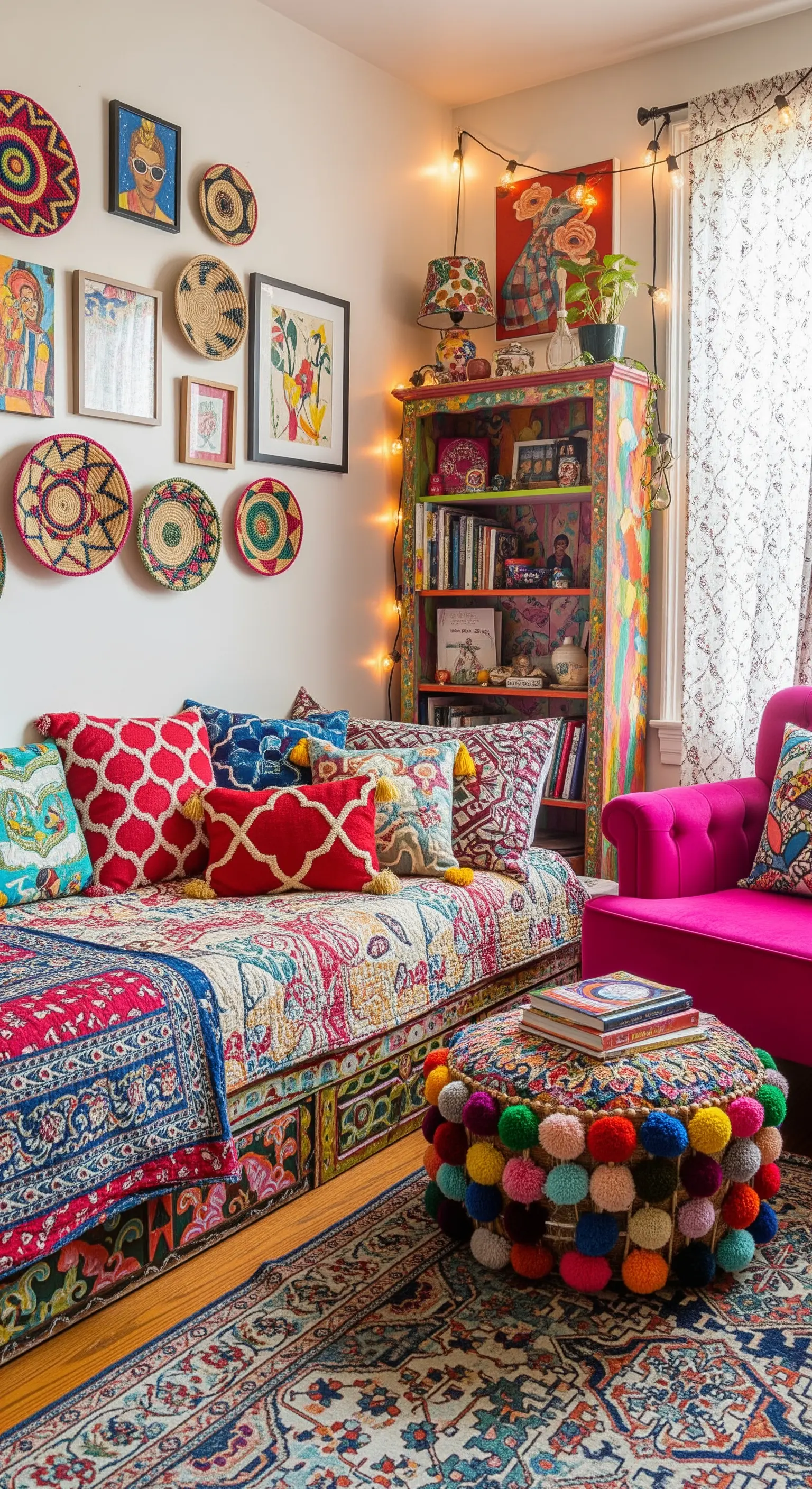 Bunte, maximalistische Leseecke mit vielen Kissen, Mustern und einer Lichterkette.