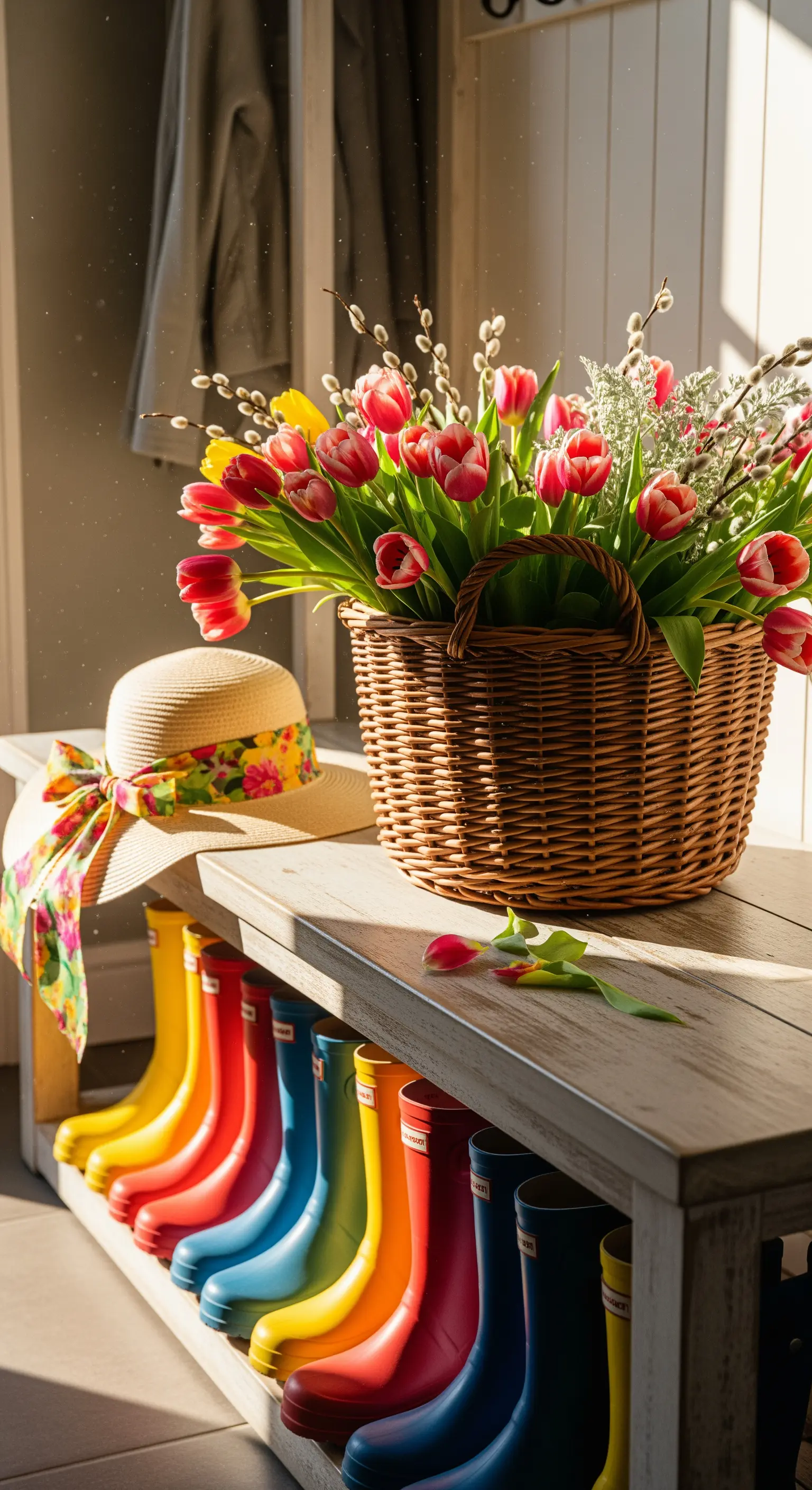 Eingangsbereich mit bunter Gummistiefelreihe und Blumenkorb