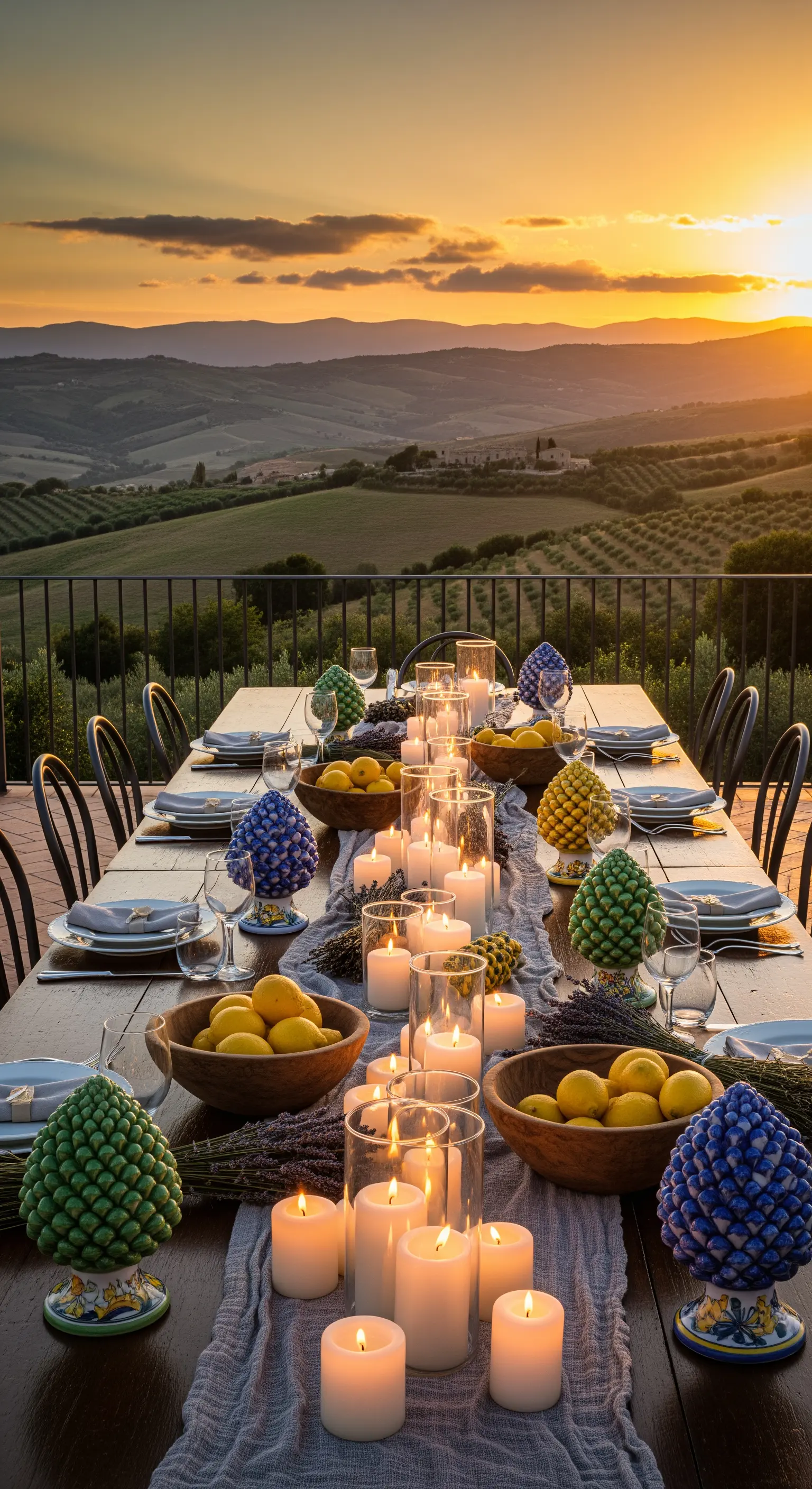 Terrassentisch mit farbigen Keramik-Zapfen, Zitronenschalen und Kerzen in Gläsern