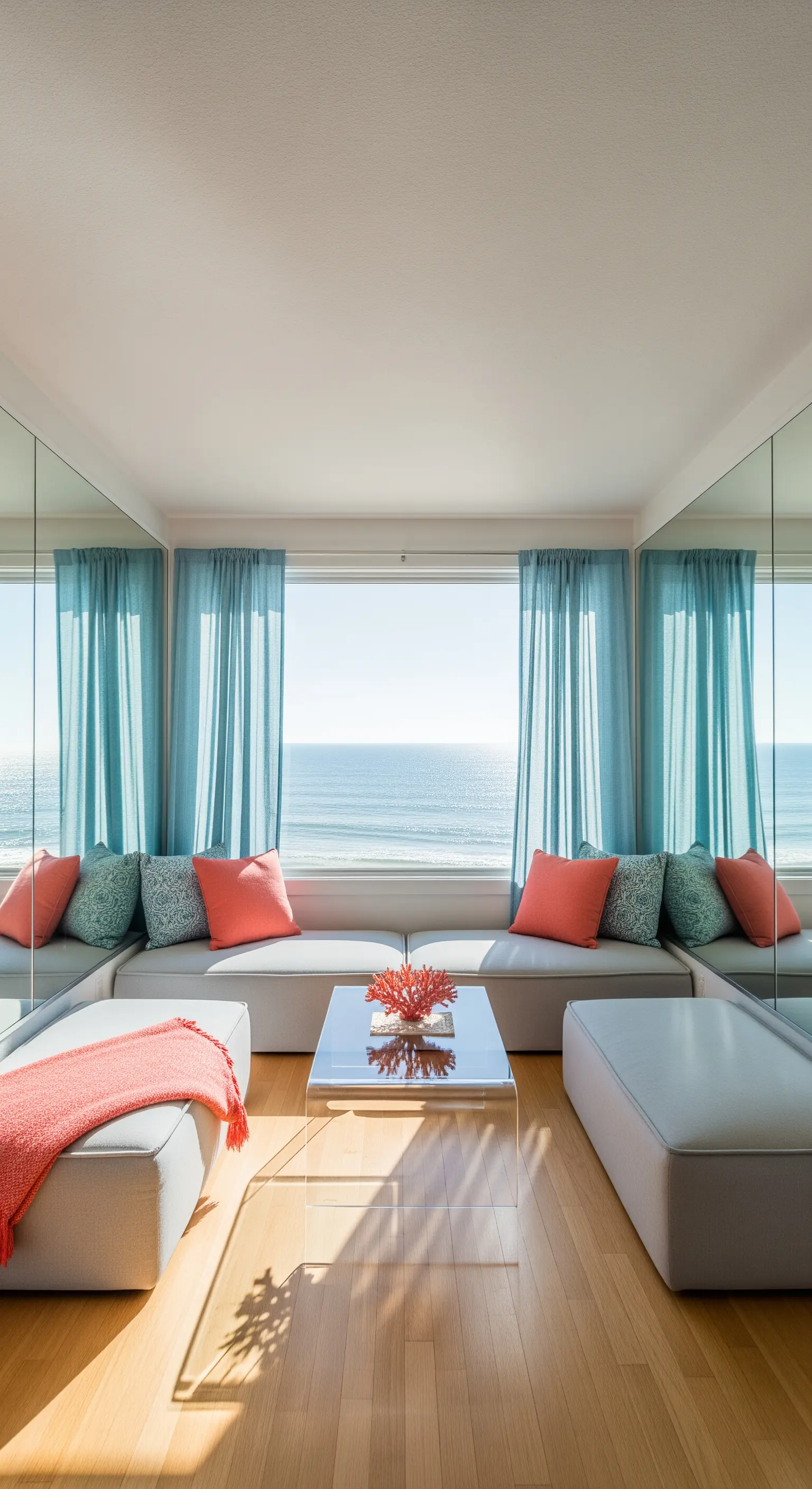 Küstenzimmer, Spiegelflächen, türkisblaue Vorhänge, Korallenkissen, Acryl-Tisch