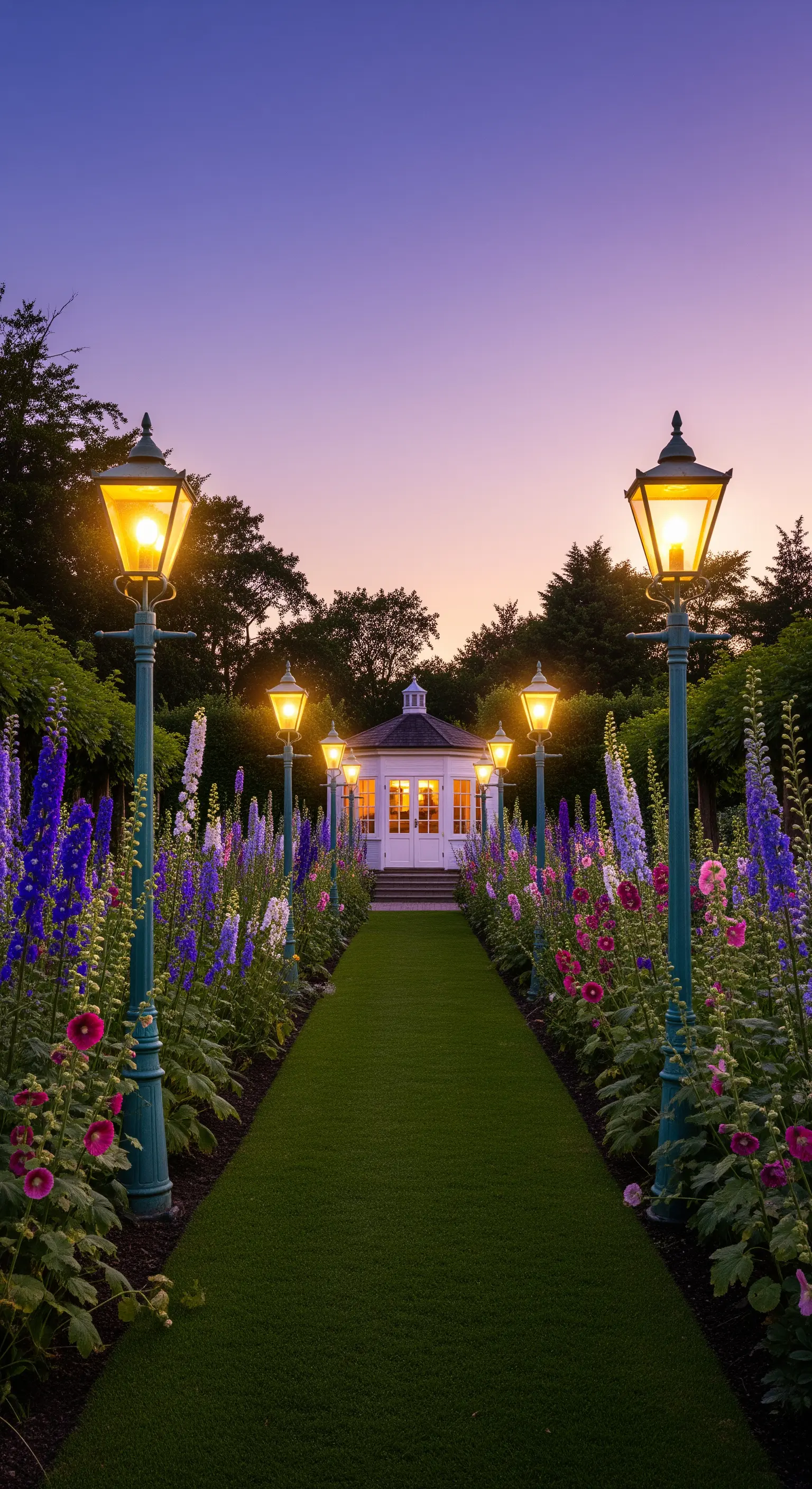 Ein Weg, der von hohen, türkisfarbenen klassischen Laternen gesäumt ist.