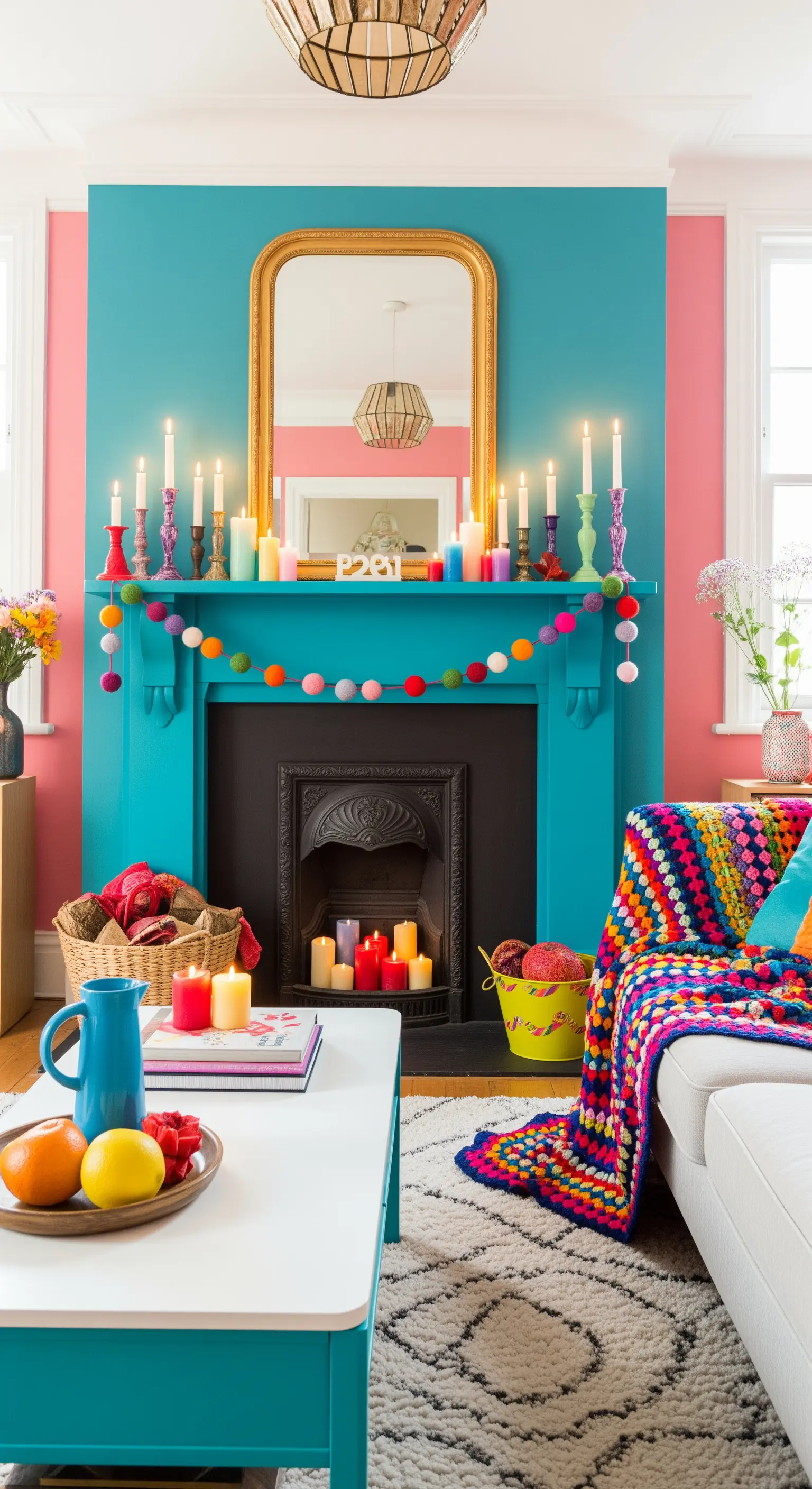 Türkisfarbener Kamin mit bunten Kerzen, Pompon-Girlande und Häkeldecke.