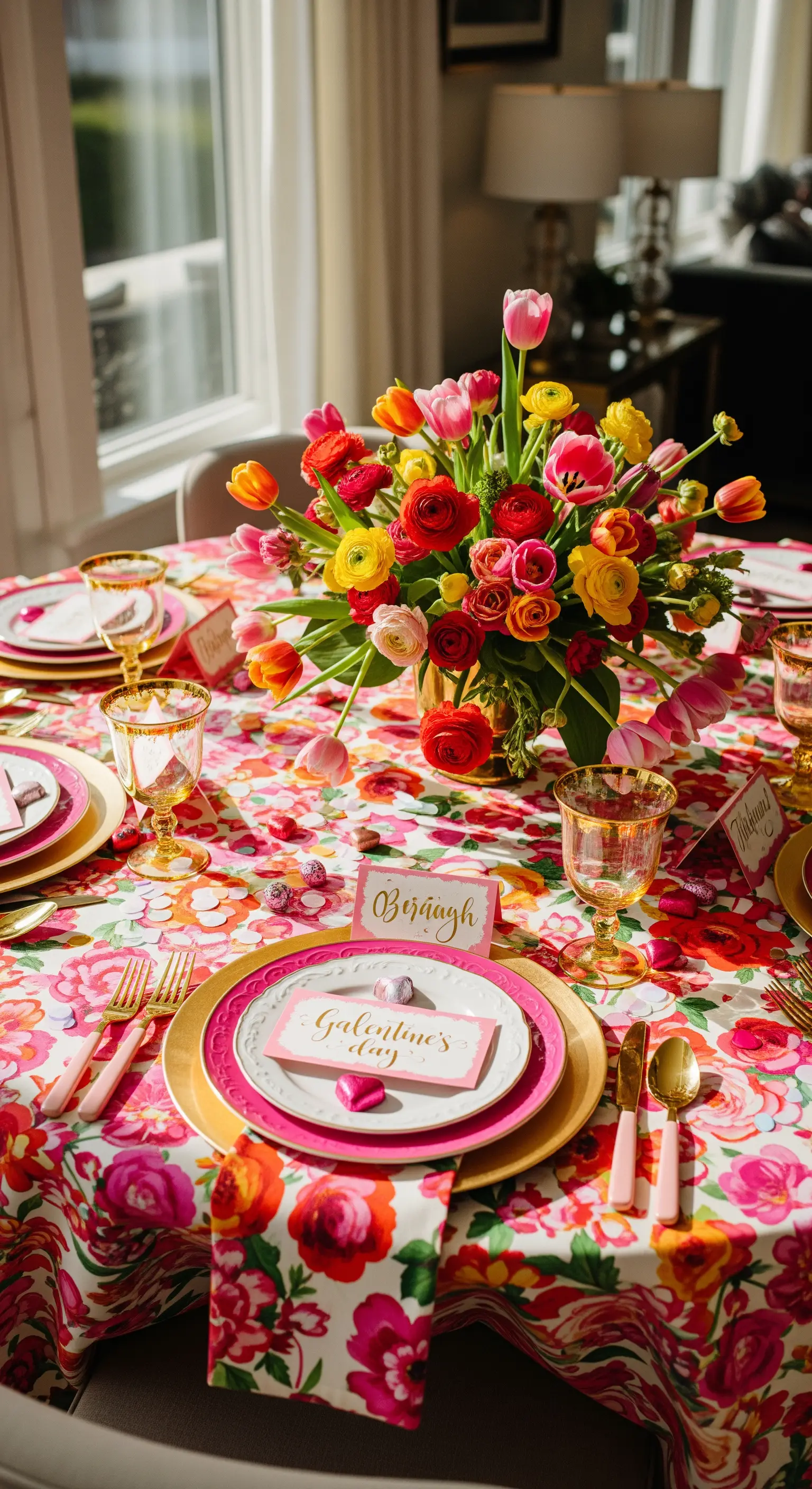 Farbenfroher Esstisch mit floralem Muster, bunten Tulpen und rosa Akzenten.