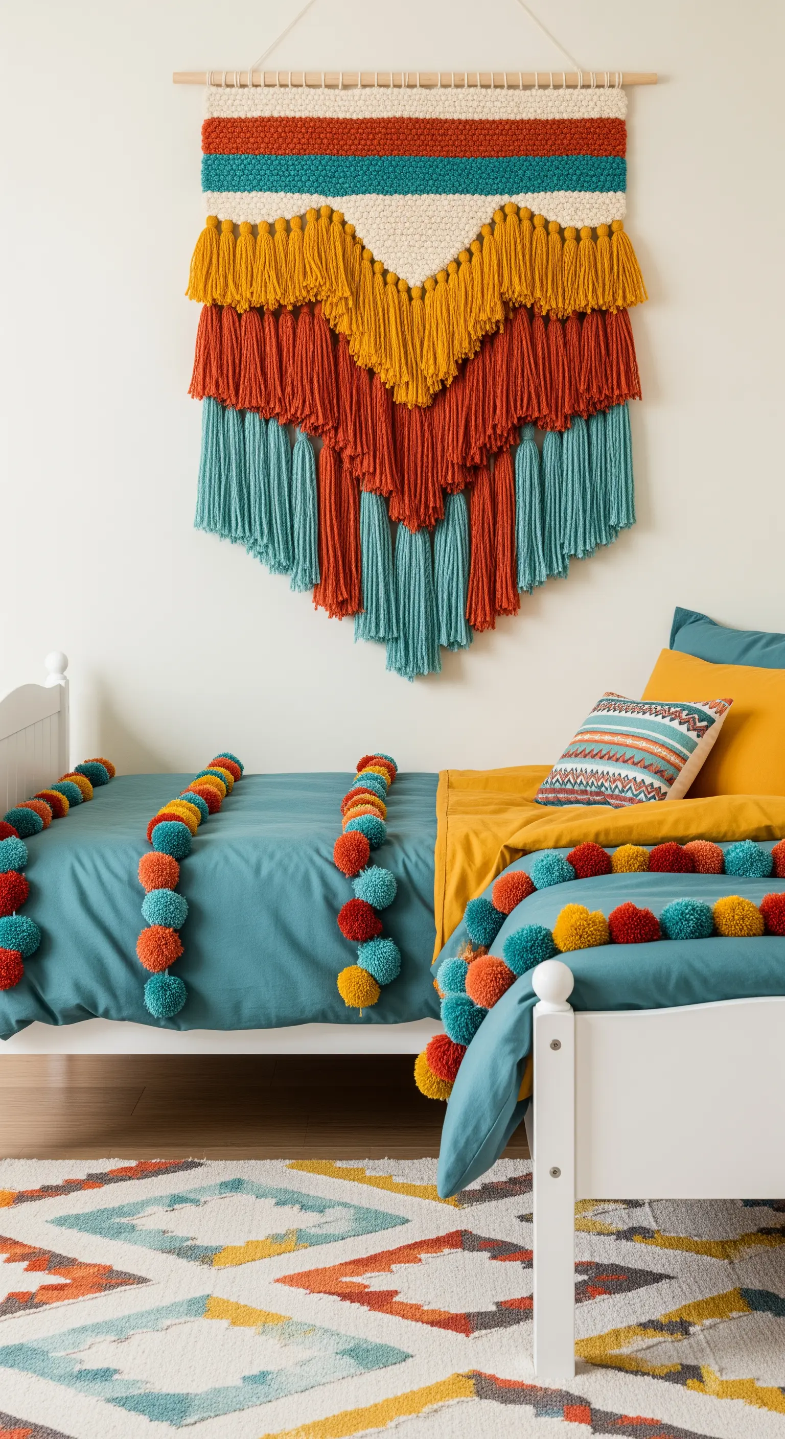 Farbenfrohes Kinderzimmer mit großem Makramee-Wandbehang und Pompon-Decken.