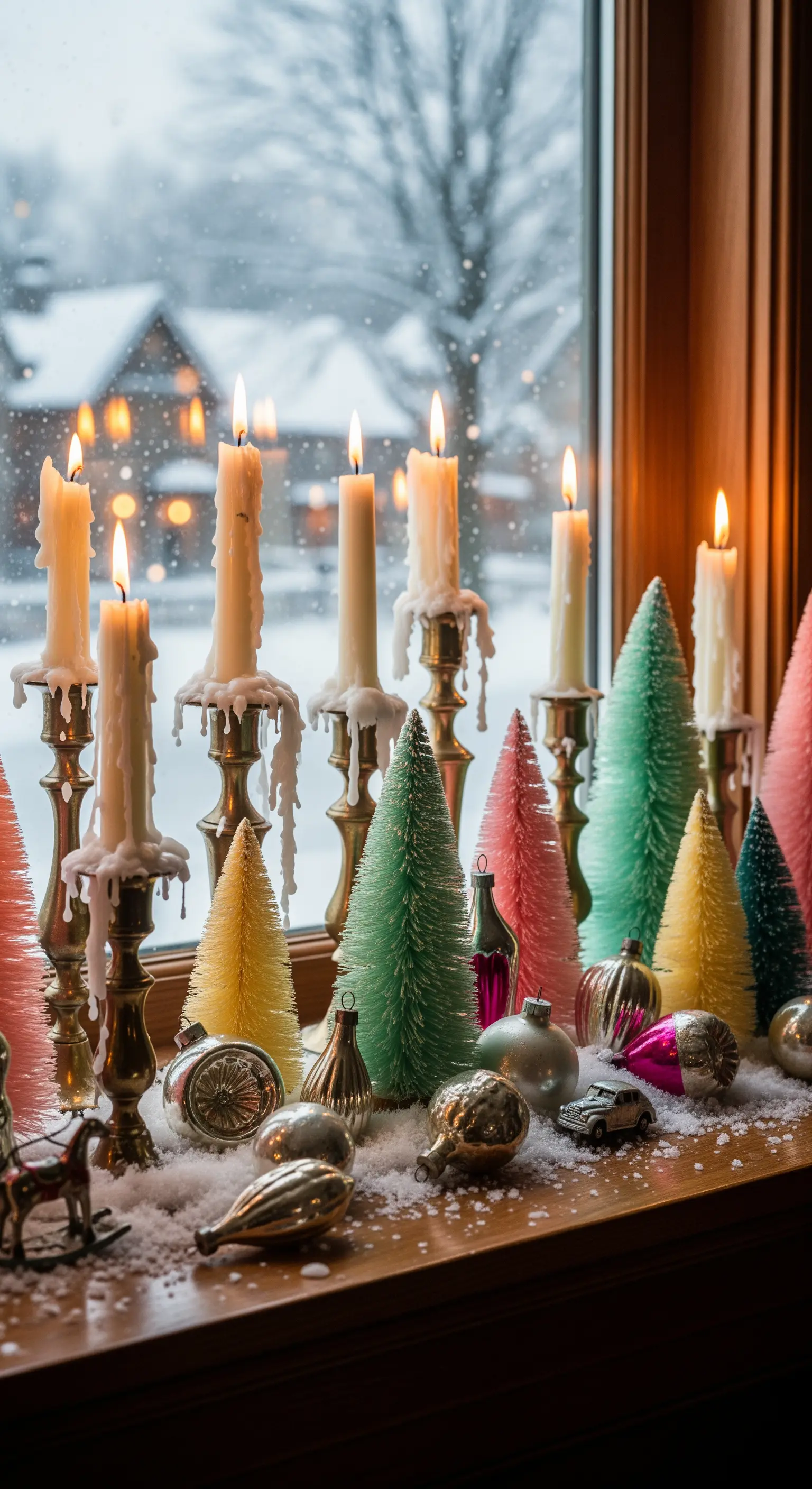 Vintage-Kerzenleuchter kombiniert mit bunten Bürstenbäumen und altem Christbaumschmuck.