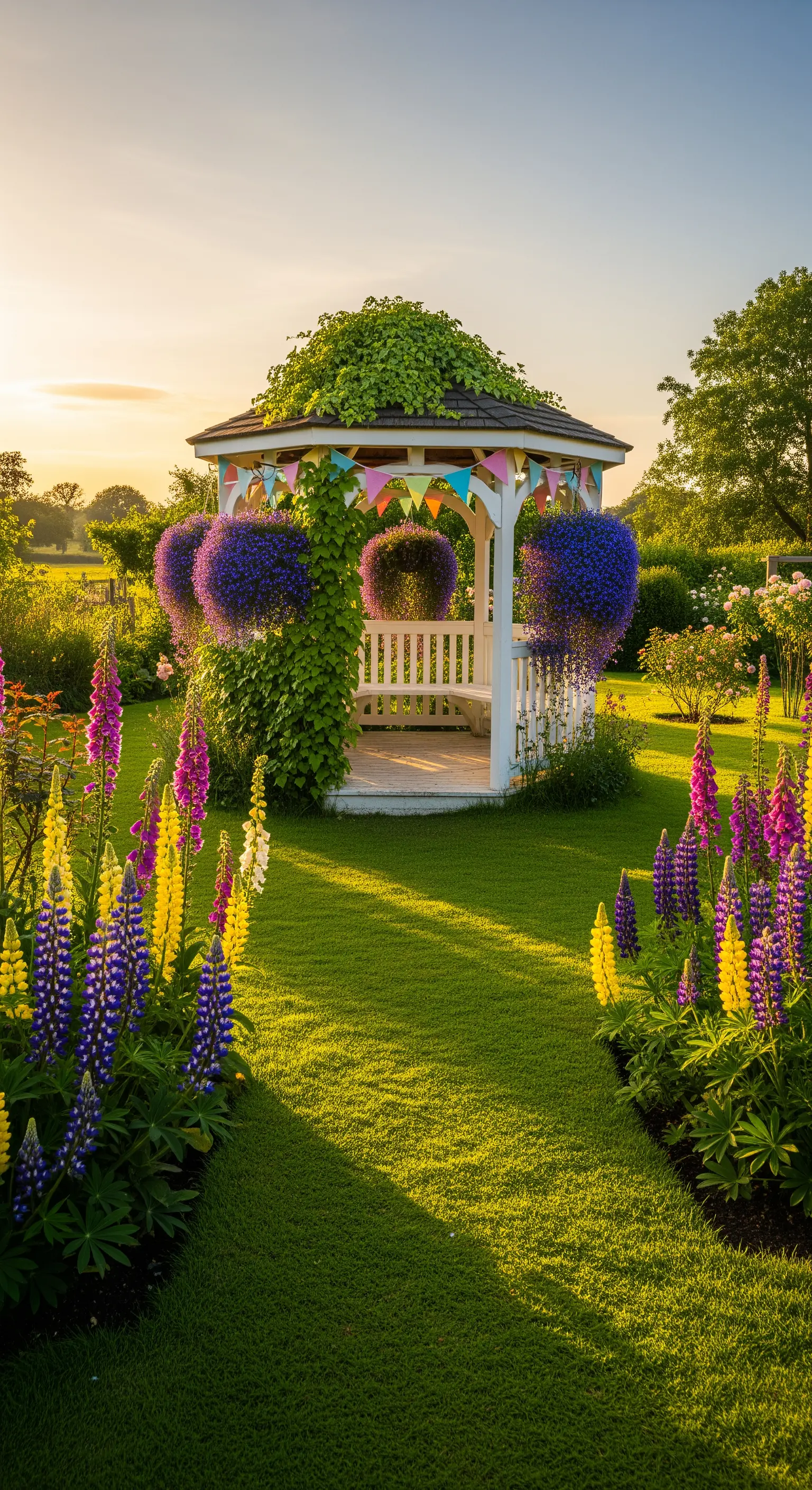 Weißer Gartenpavillon mit Wimpelkette, Blumenampeln und Lupinen