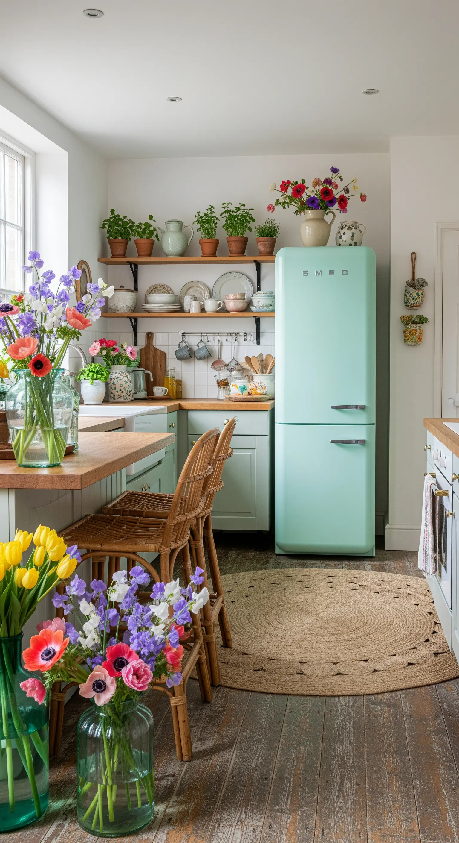 Mintgrüner Kühlschrank, Jute-Teppich und bunte Frühlingsblumen in der Küche