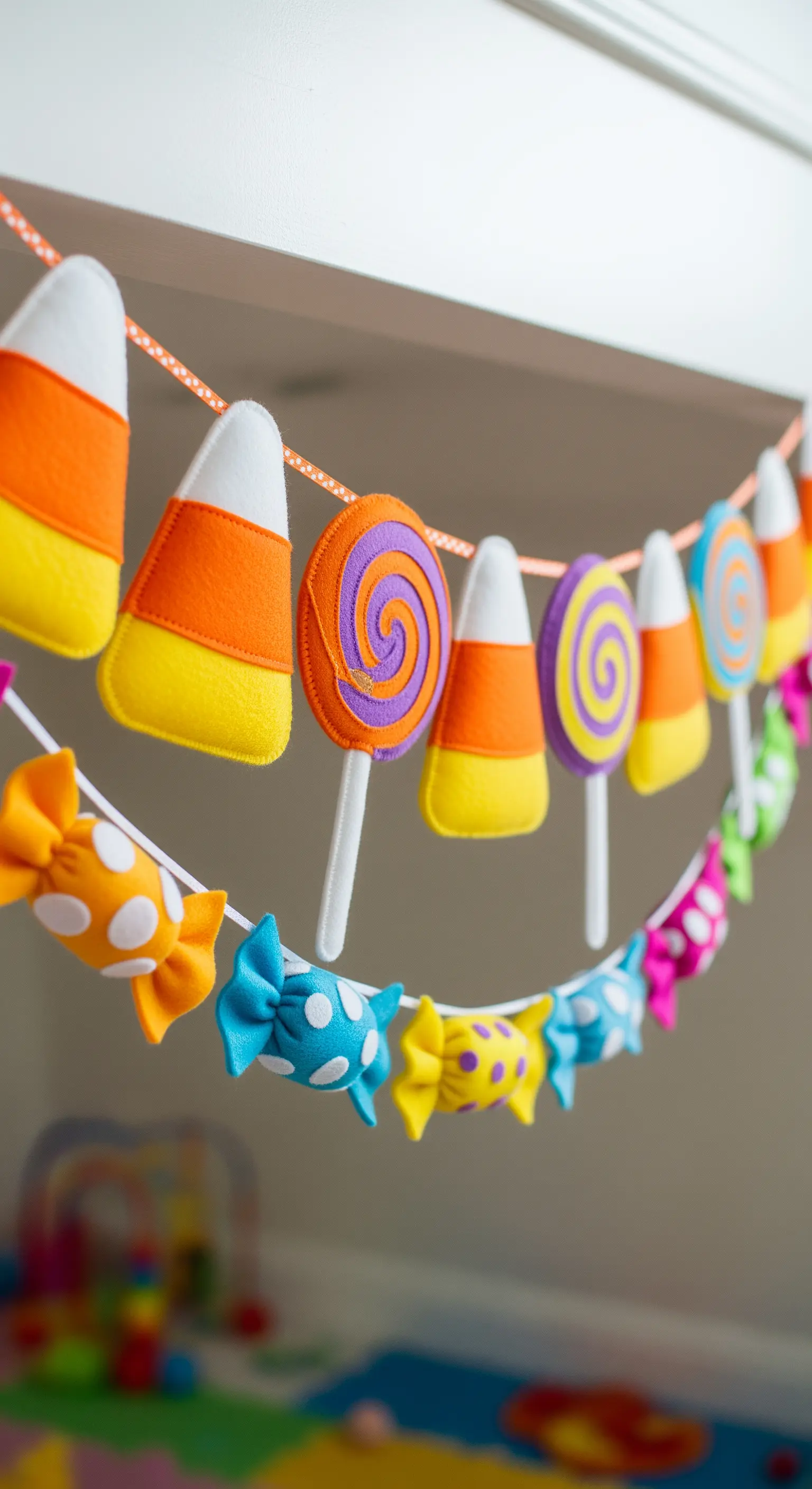 Zwei bunte Girlanden aus Filz in Form von Süßigkeiten, die in einem Türrahmen hängen.
