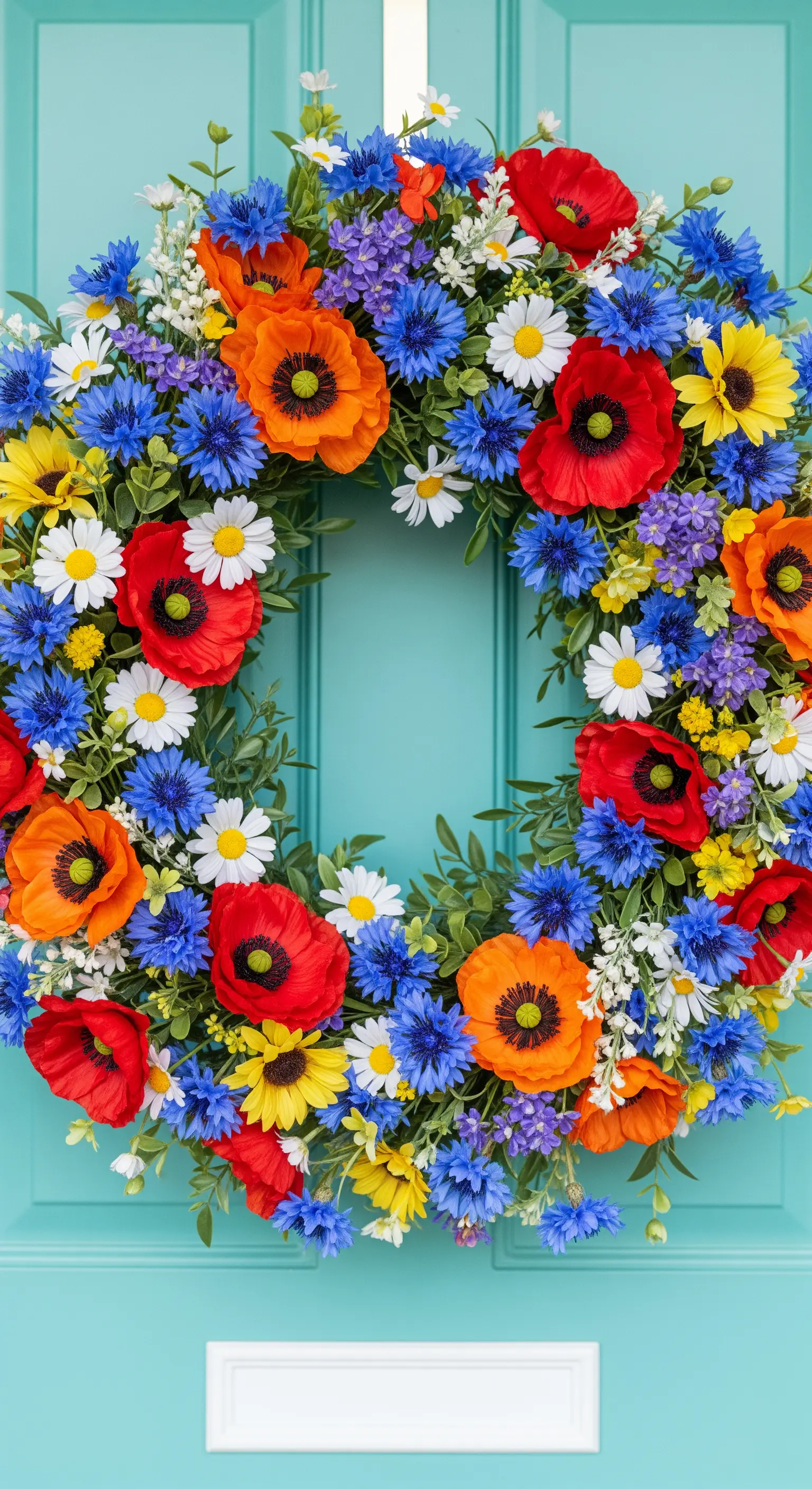 Opulenter Kranz aus Mohn, Kornblumen, Gänseblümchen und gelben Wildblumen auf türkiser Tür.
