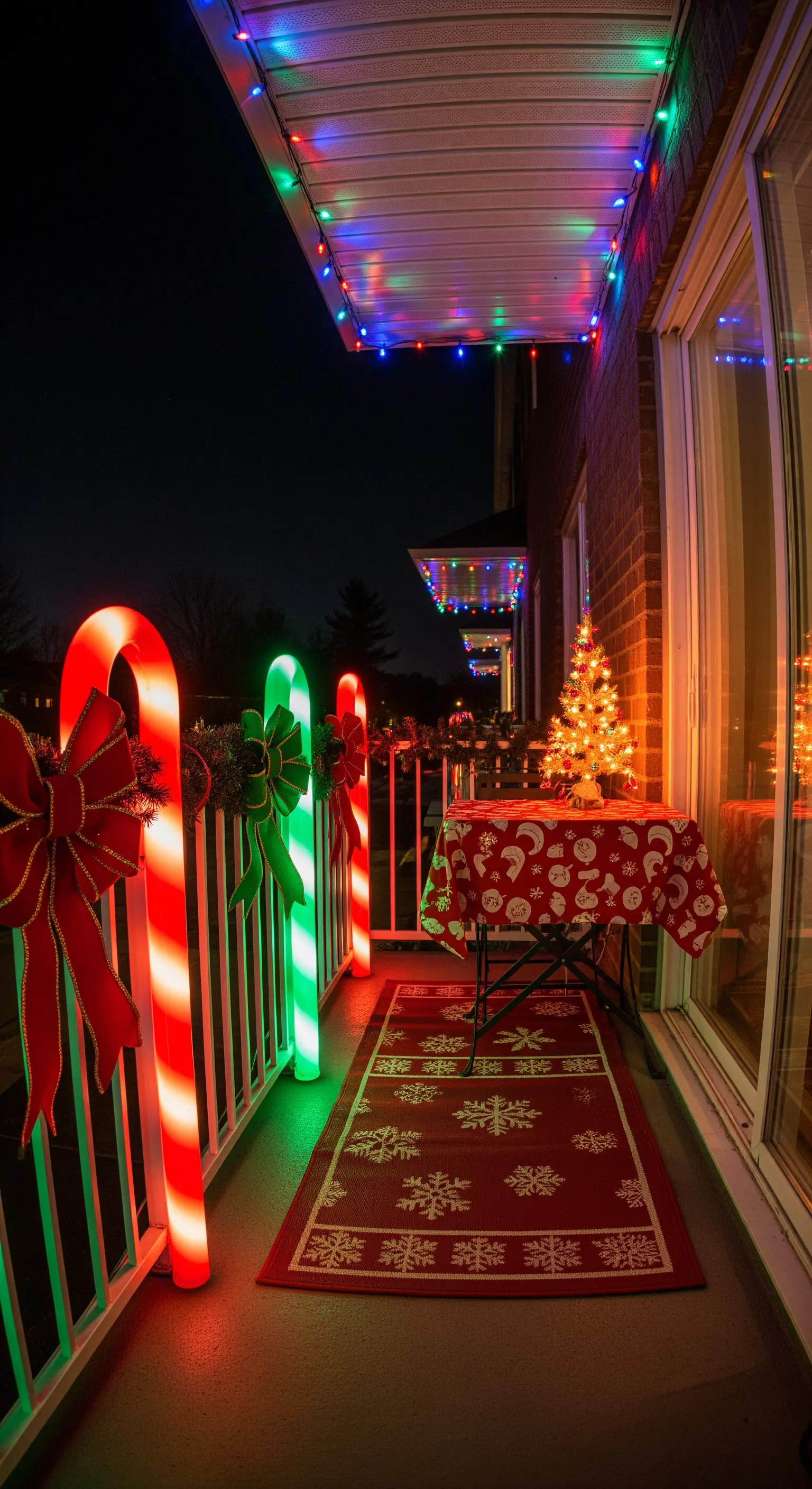 Balkon mit großen, beleuchteten Zuckerstangen, bunten Lichterketten und festlichem Teppich